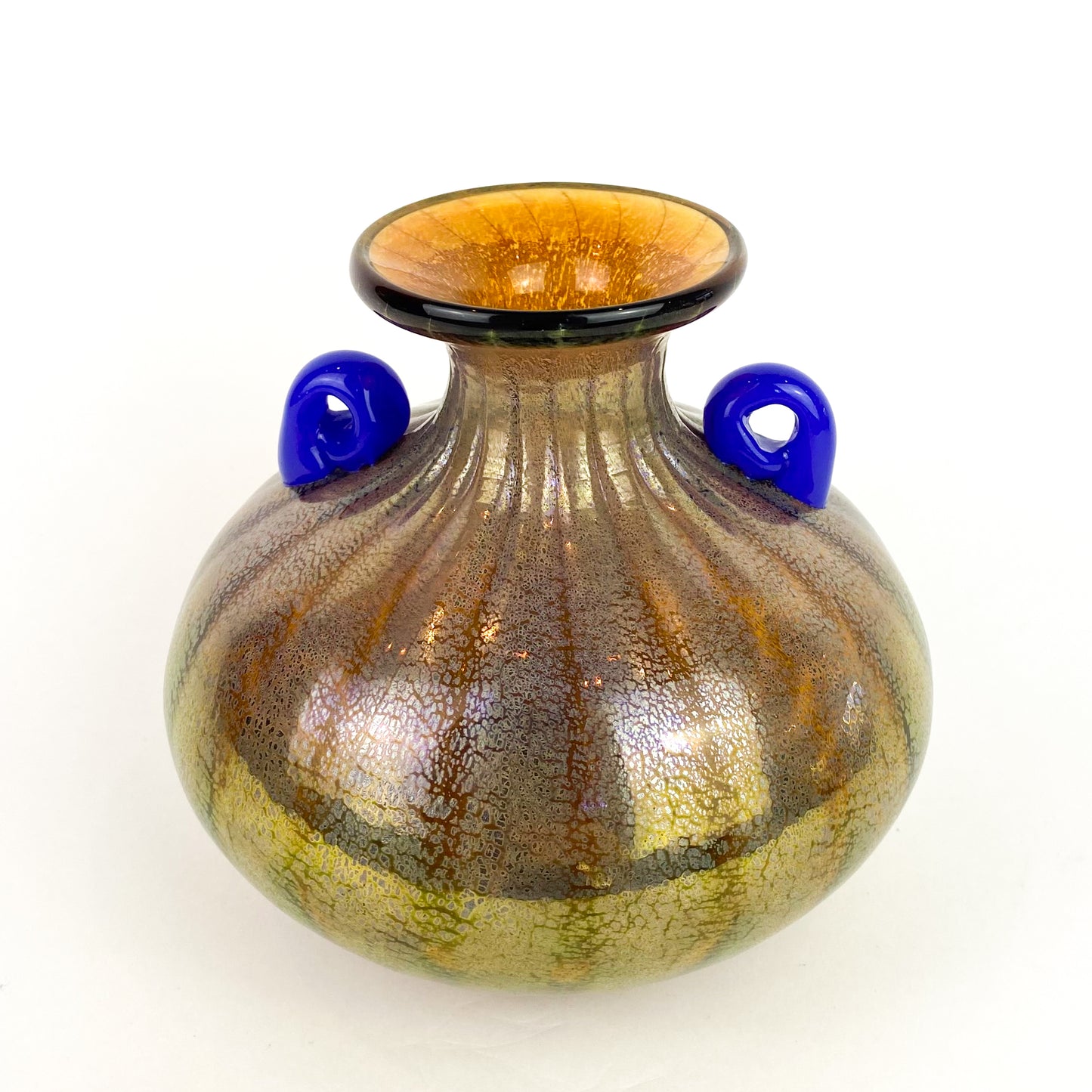 Murano Iridescent Amber + Cobalt Glass Amphora/Vase #O813