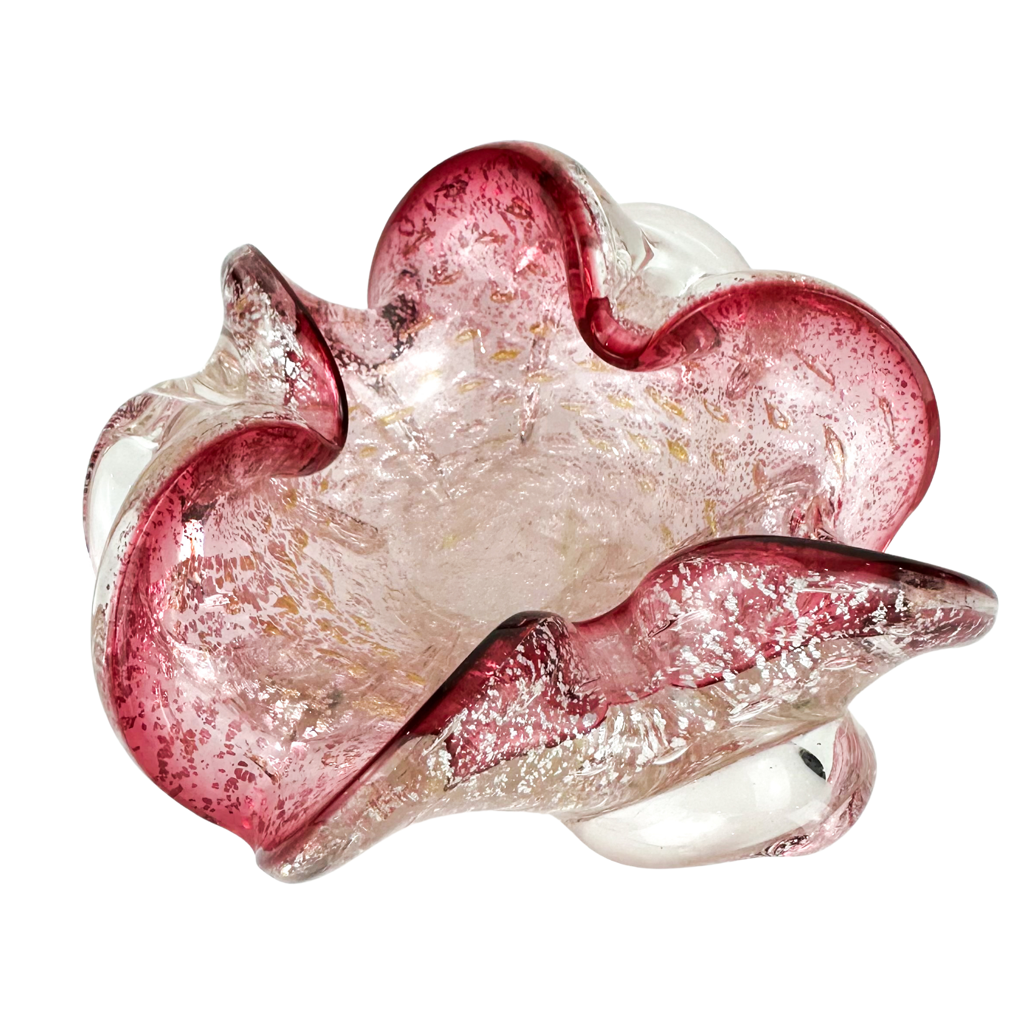 Murano Cranberry + Silver Floriform Glass Catchall/Ashtray #O1993