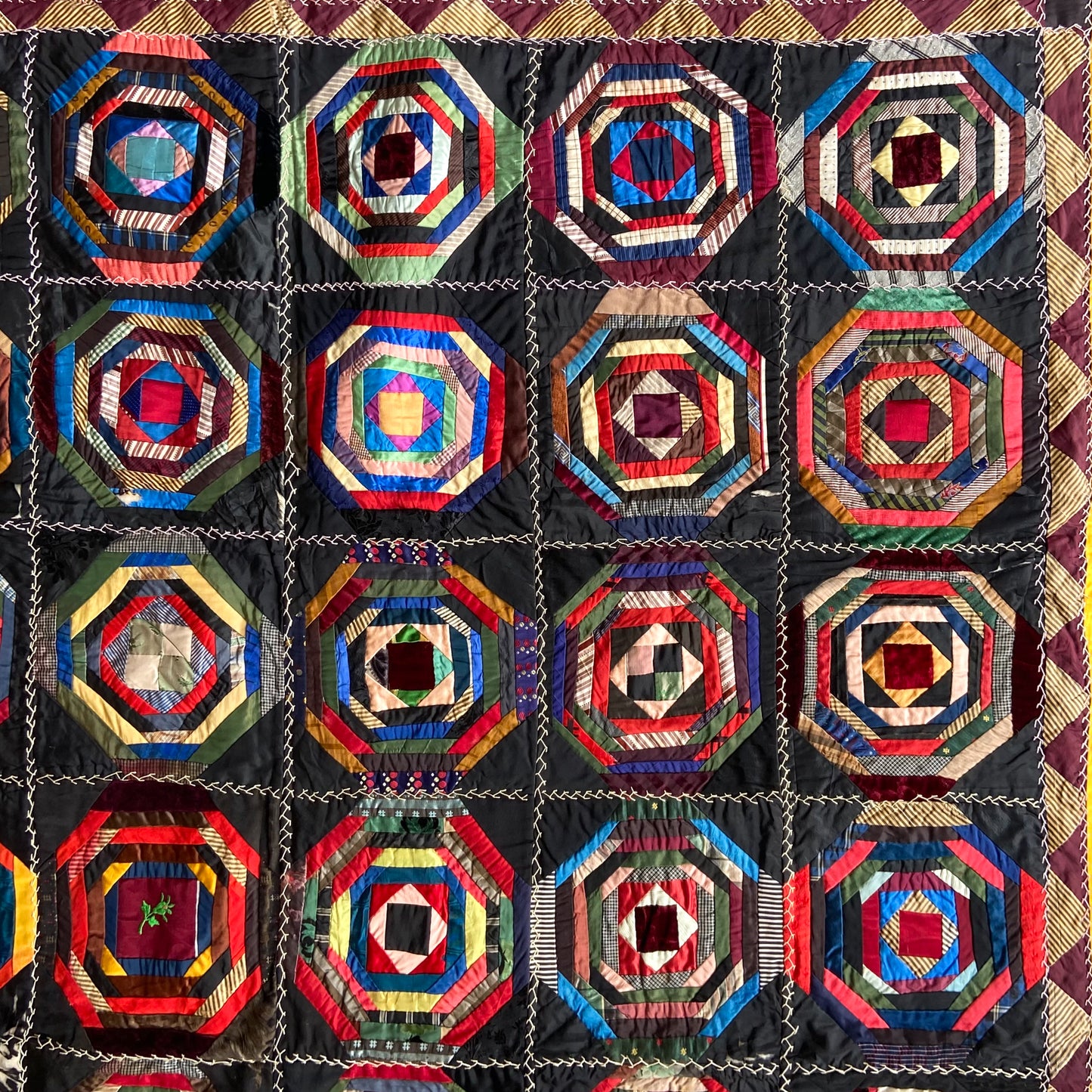 19th Century Hand Stitched American Silk Quilt #T3 - 4'4" x 5'9"