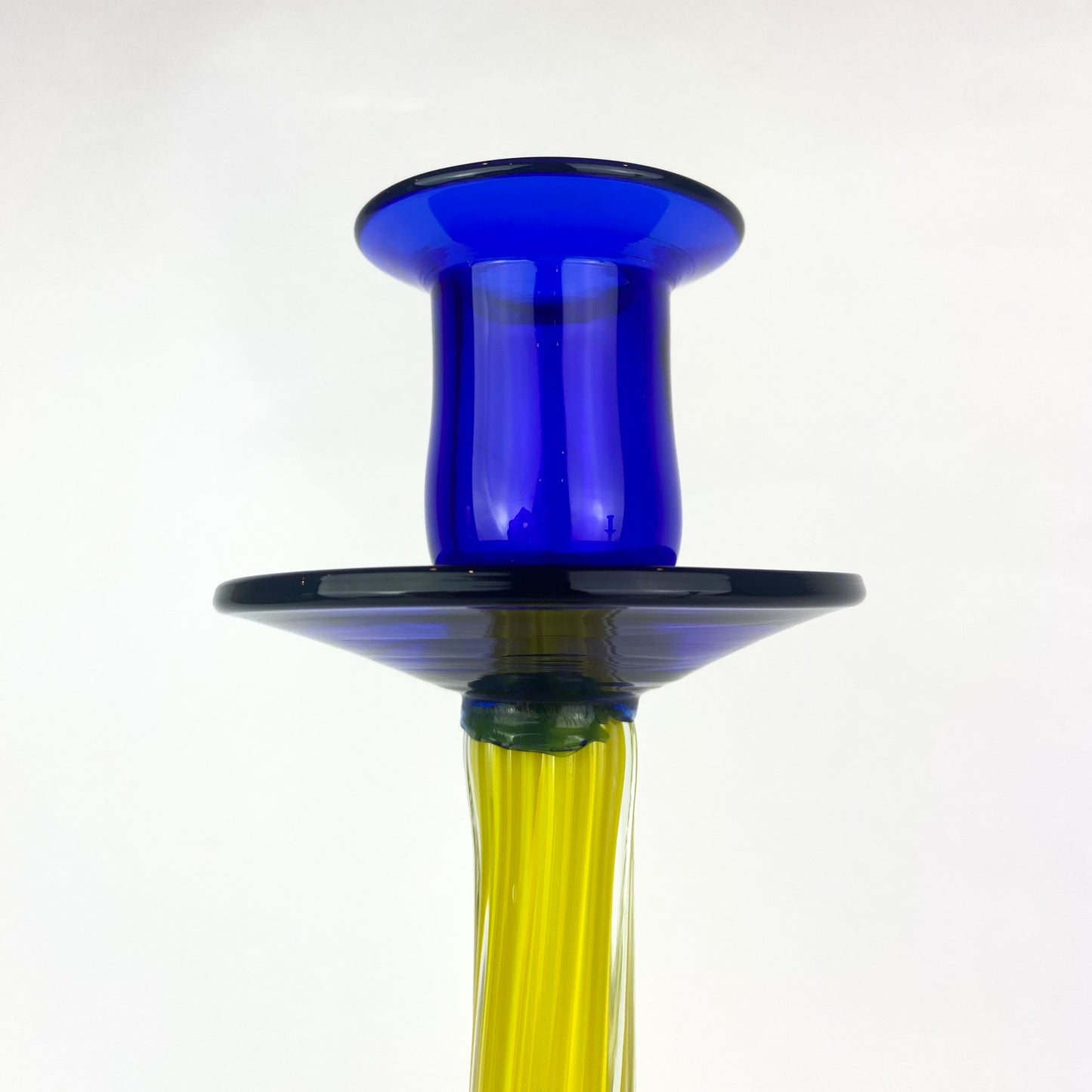 Pair of Cobalt + Yellow Art Glass Candlesticks #O671