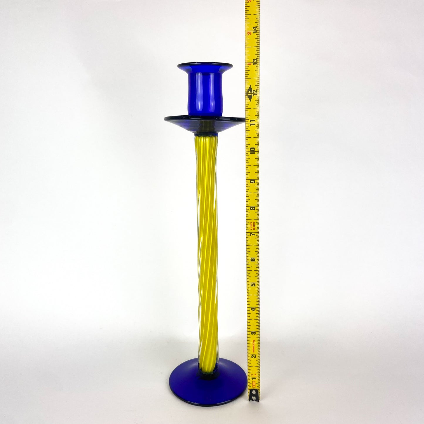 Pair of Cobalt + Yellow Art Glass Candlesticks #O671