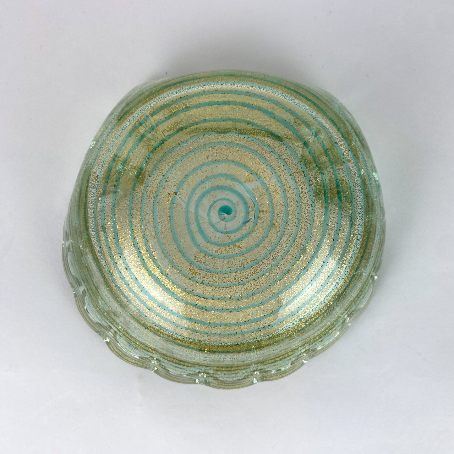 Murano Gold + Turquoise Striped Glass Shell Catchall/Ashtray #O596