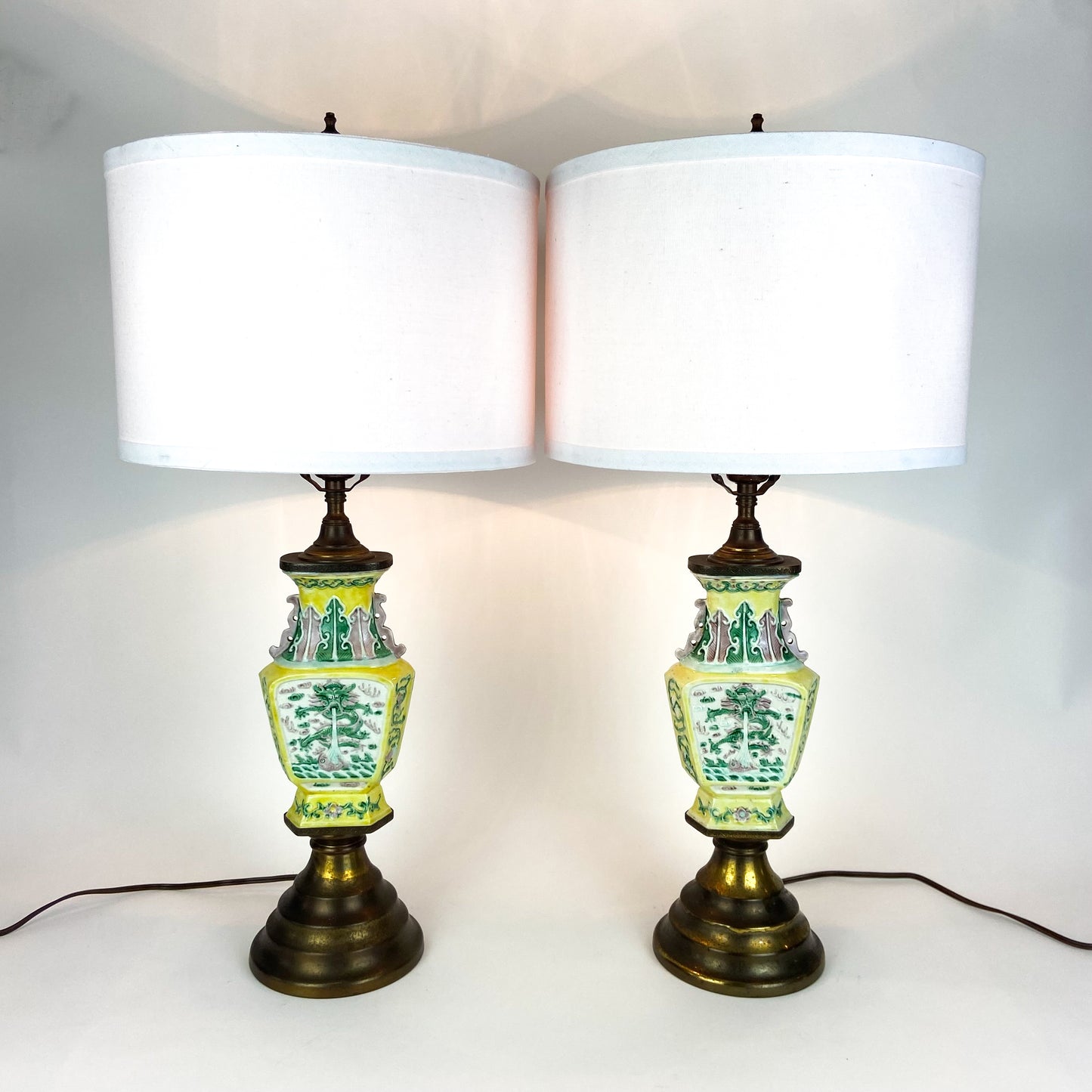 Pair of Antique Yellow Chinese Chinoiserie Porcelain Lamps #L05