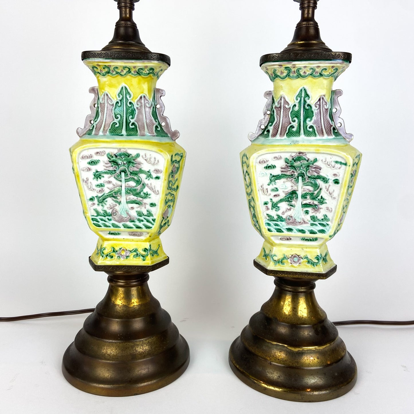 Pair of Antique Yellow Chinese Chinoiserie Porcelain Lamps #L05