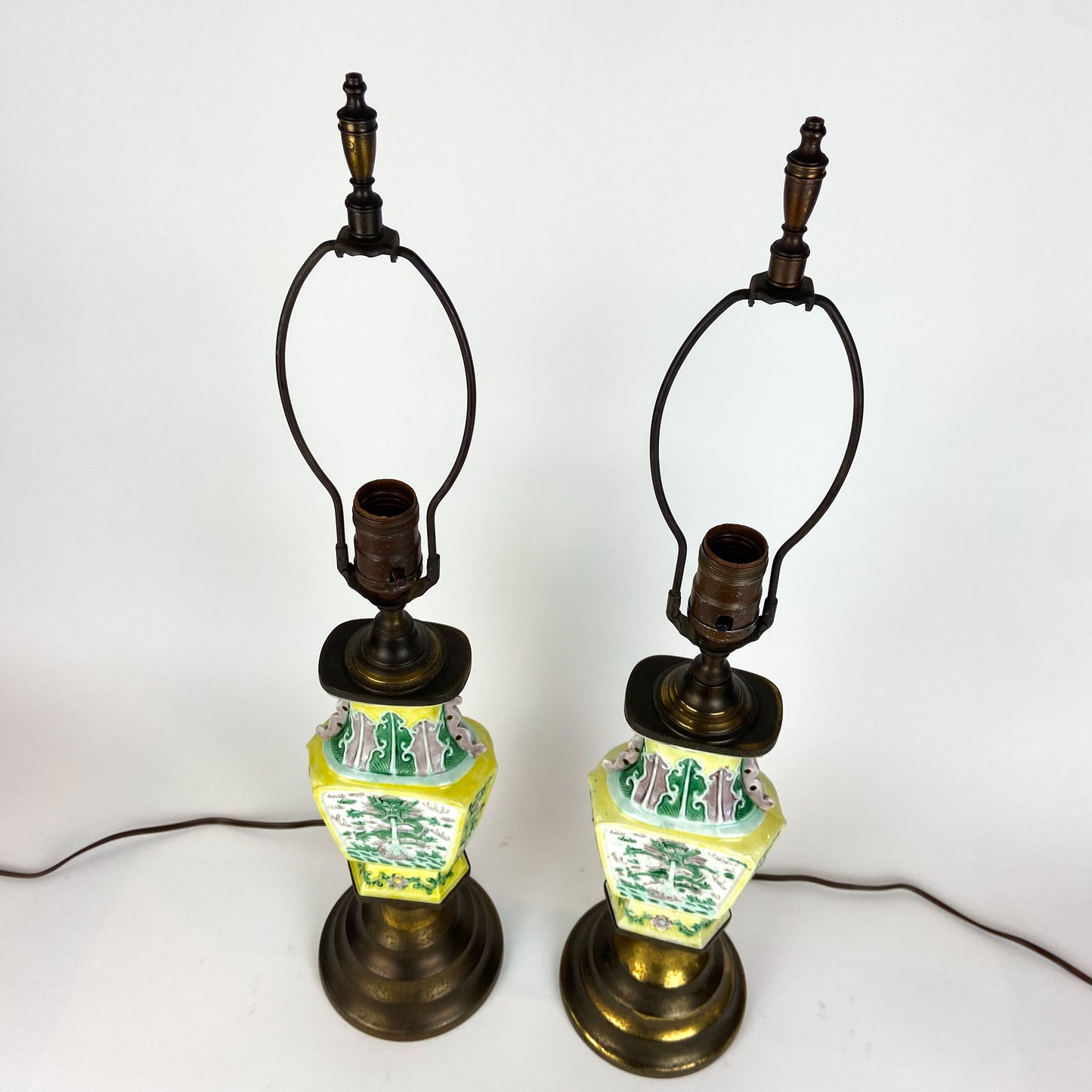 Pair of Antique Yellow Chinese Chinoiserie Porcelain Lamps #L05