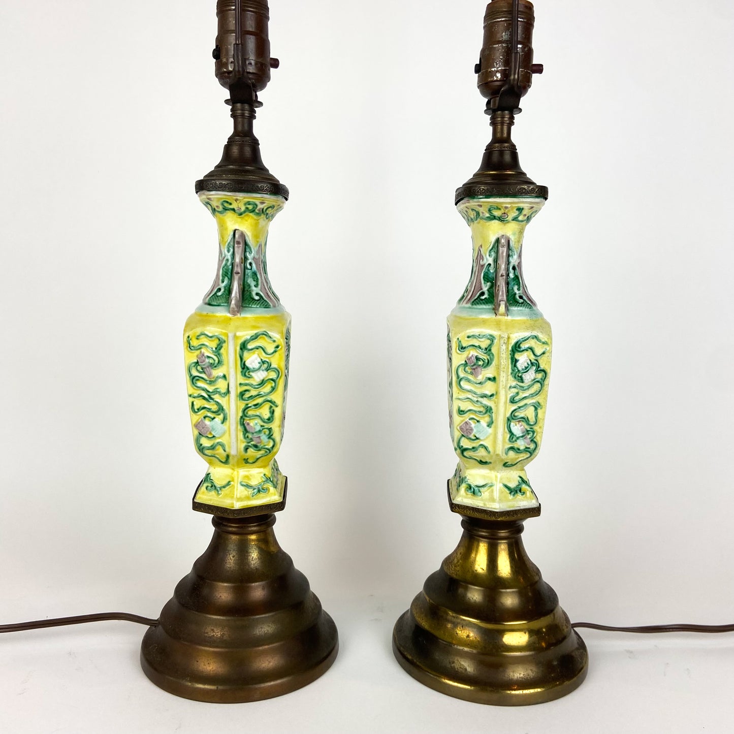Pair of Antique Yellow Chinese Chinoiserie Porcelain Lamps #L05