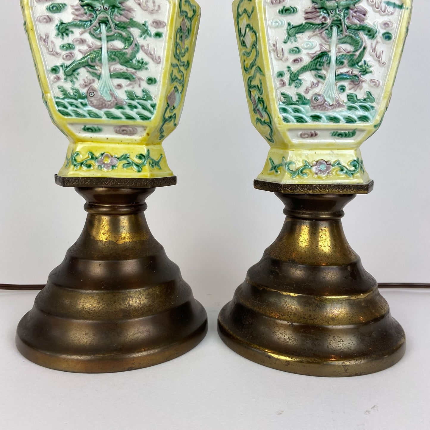 Pair of Antique Yellow Chinese Chinoiserie Porcelain Lamps #L05