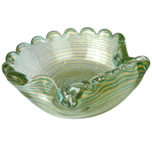 Murano Gold + Turquoise Striped Glass Shell Catchall/Ashtray #O596