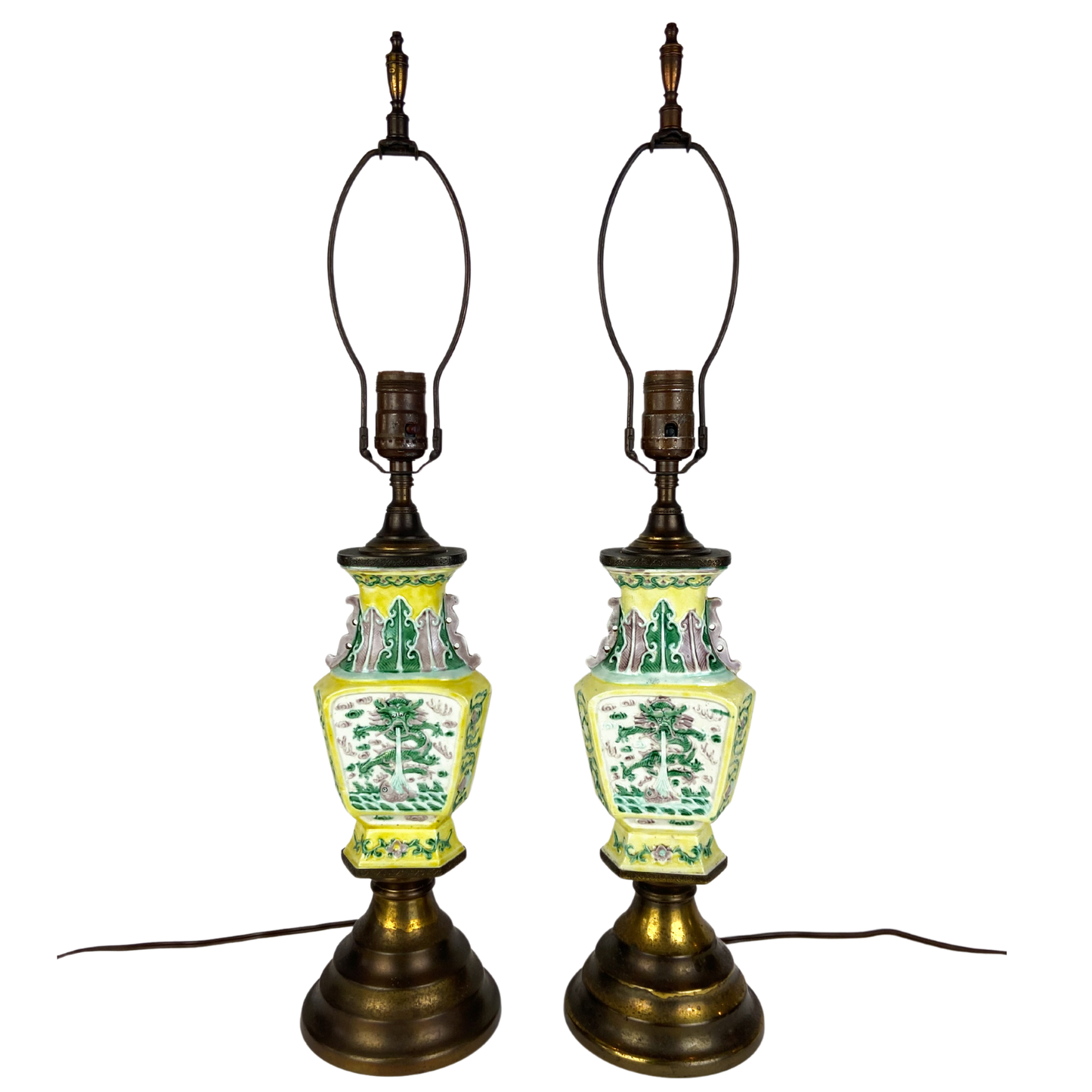 Pair of Antique Yellow Chinese Chinoiserie Porcelain Lamps #L05