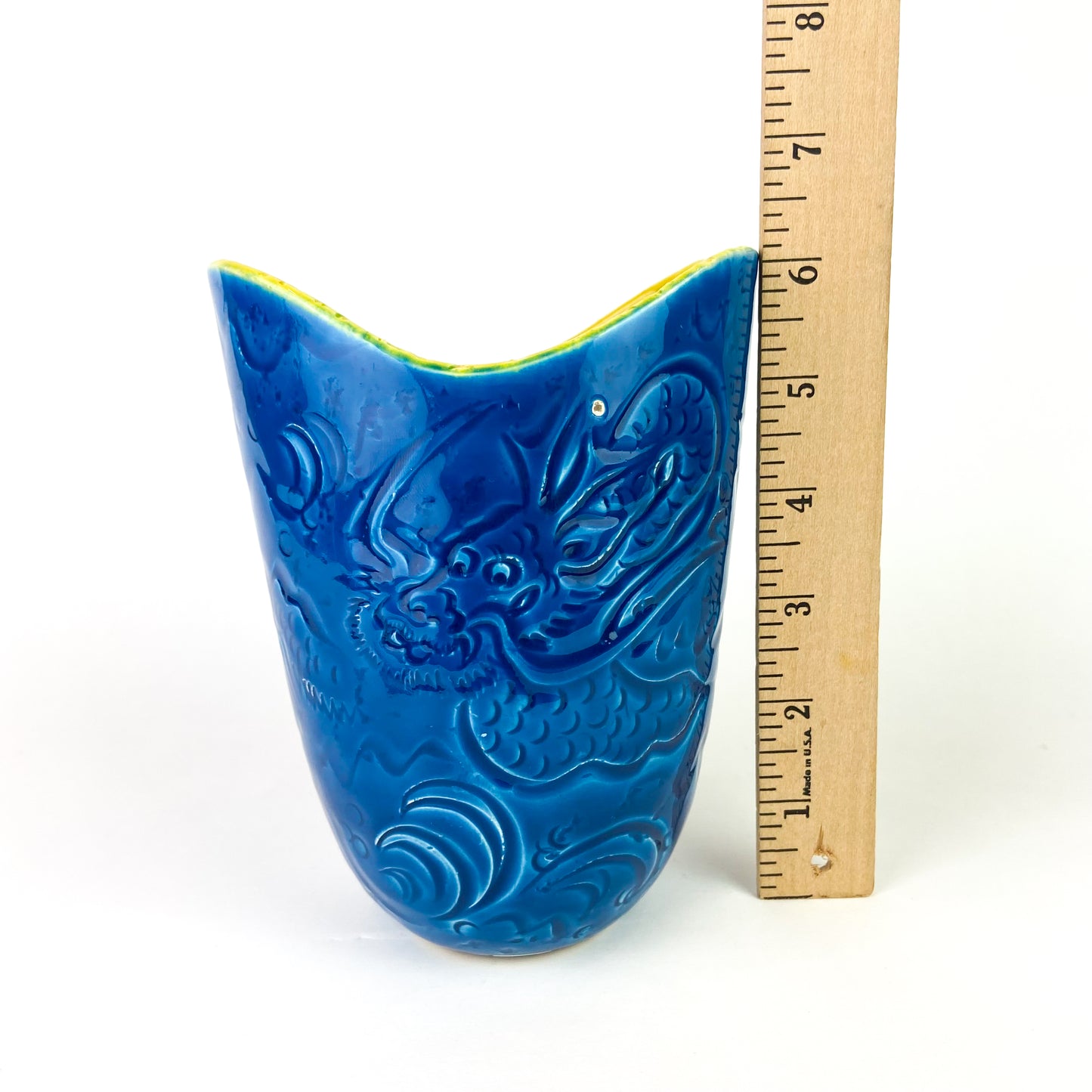 Italian Blue + Yellow Ceramic Dragon Vase #O1040