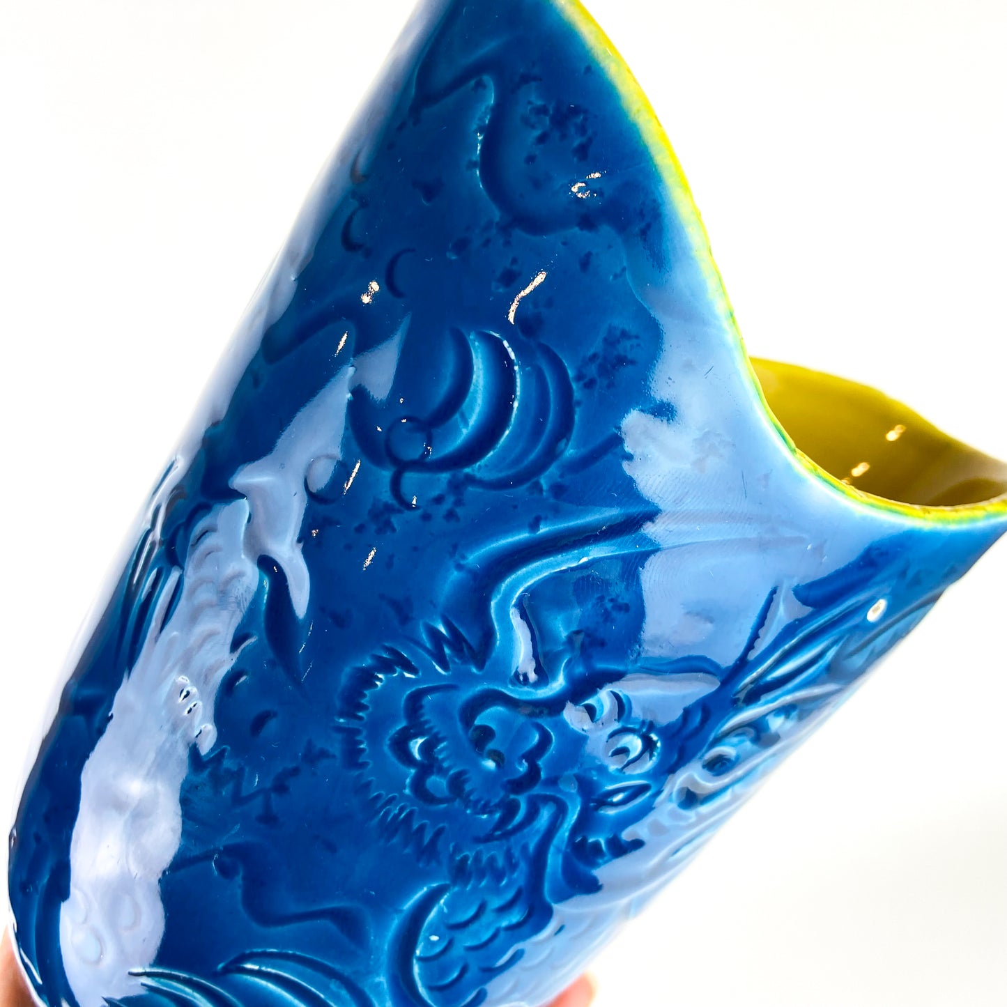 Italian Blue + Yellow Ceramic Dragon Vase #O1040