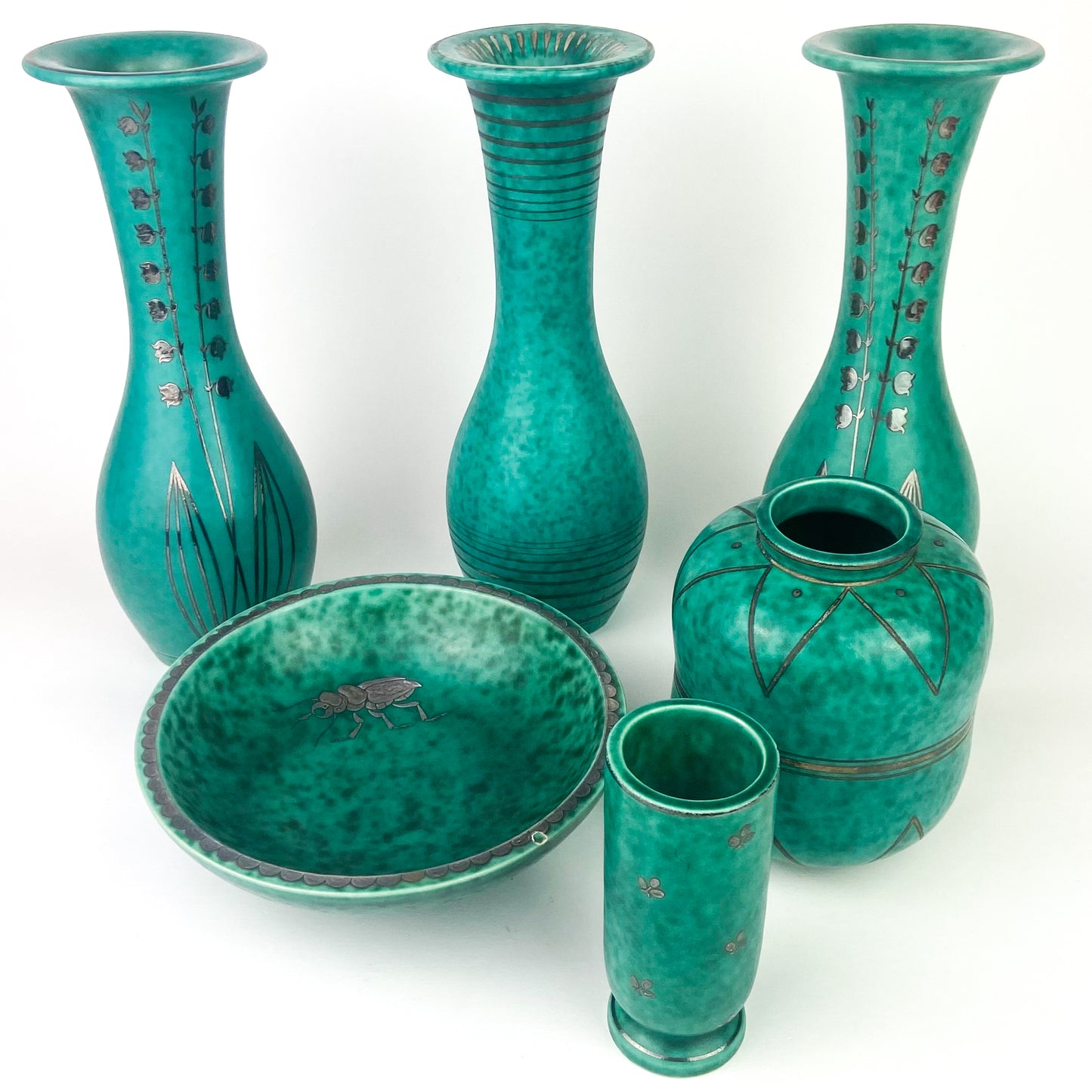 Pair Of Mottled Green Gustavsberg Argenta Stoneware Vases #O1056