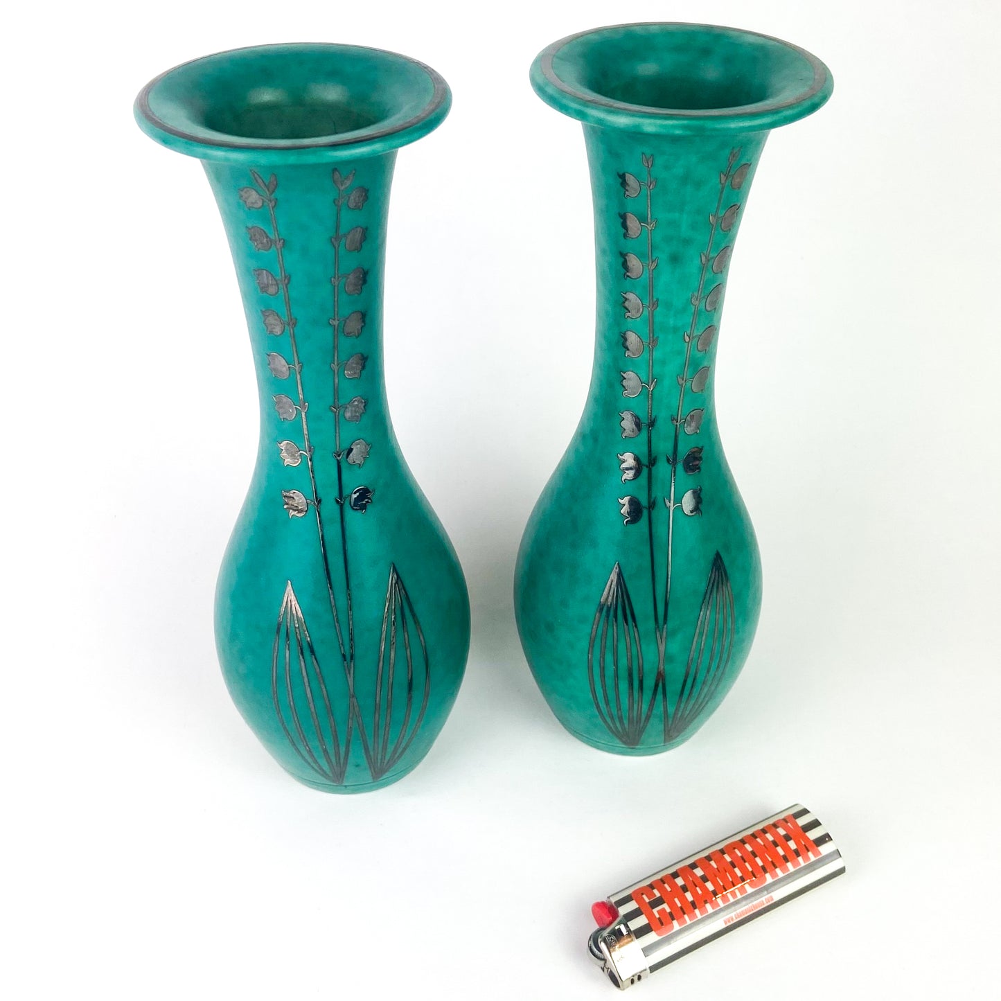 Pair Of Mottled Green Gustavsberg Argenta Stoneware Vases #O1056