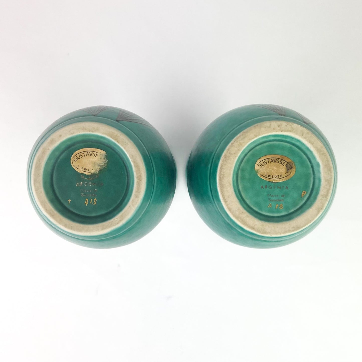 Pair Of Mottled Green Gustavsberg Argenta Stoneware Vases #O1056