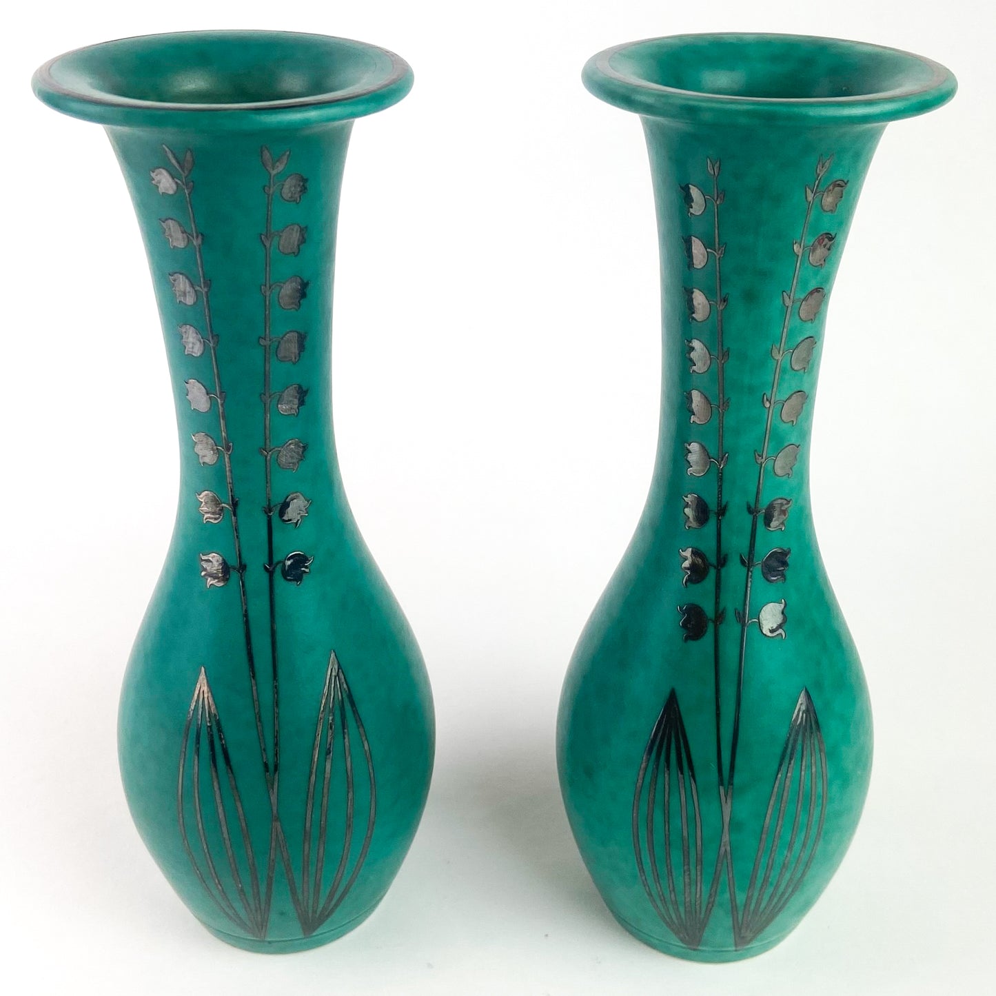 Pair Of Mottled Green Gustavsberg Argenta Stoneware Vases #O1056