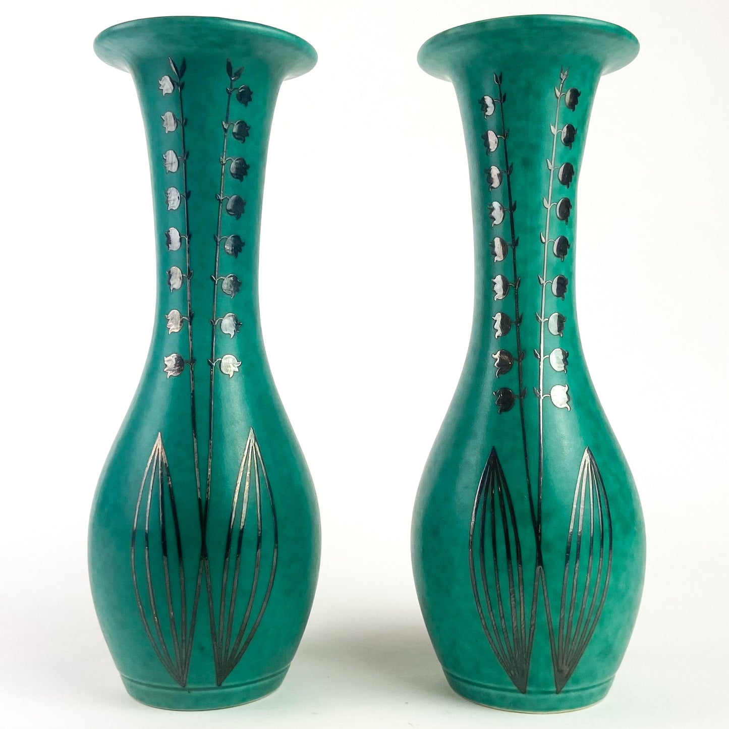 Pair Of Mottled Green Gustavsberg Argenta Stoneware Vases #O1056