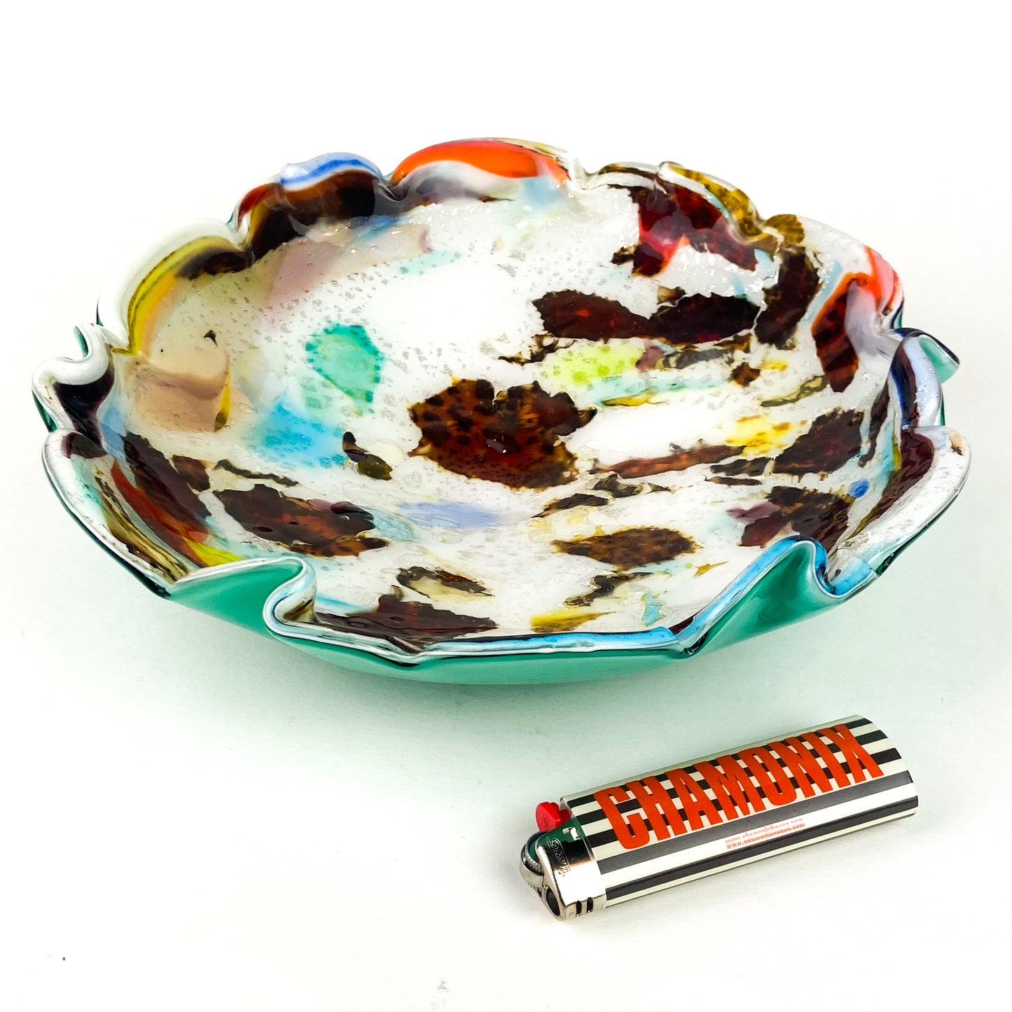 Murano Turquoise Cased Silver Fleck Scalloped Glass Catchall/Ashtray #O1061