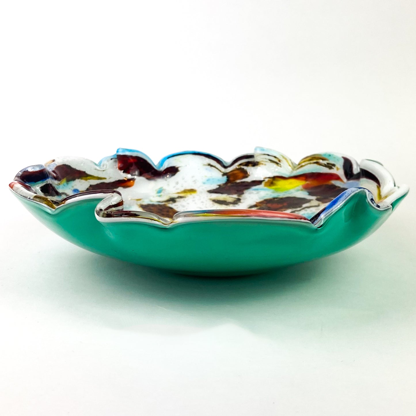 Murano Turquoise Cased Silver Fleck Scalloped Glass Catchall/Ashtray #O1061