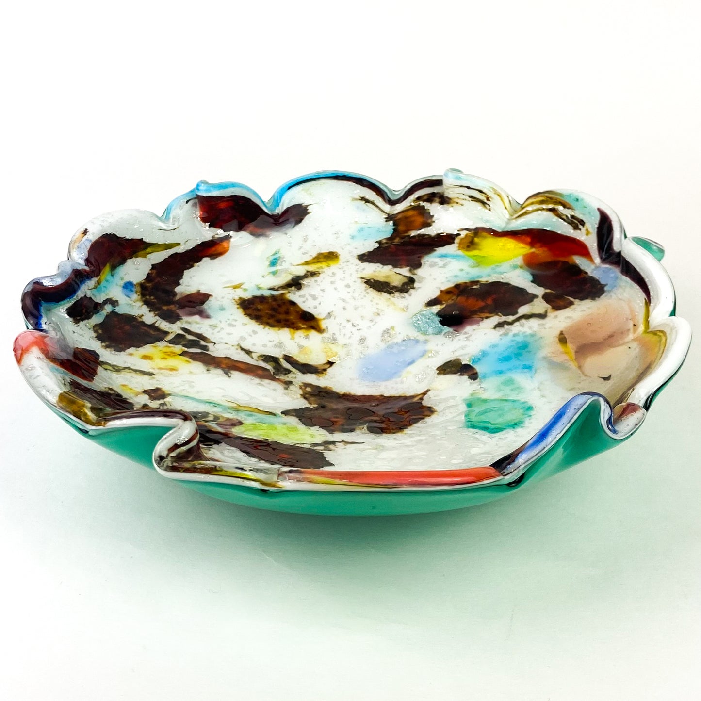 Murano Turquoise Cased Silver Fleck Scalloped Glass Catchall/Ashtray #O1061