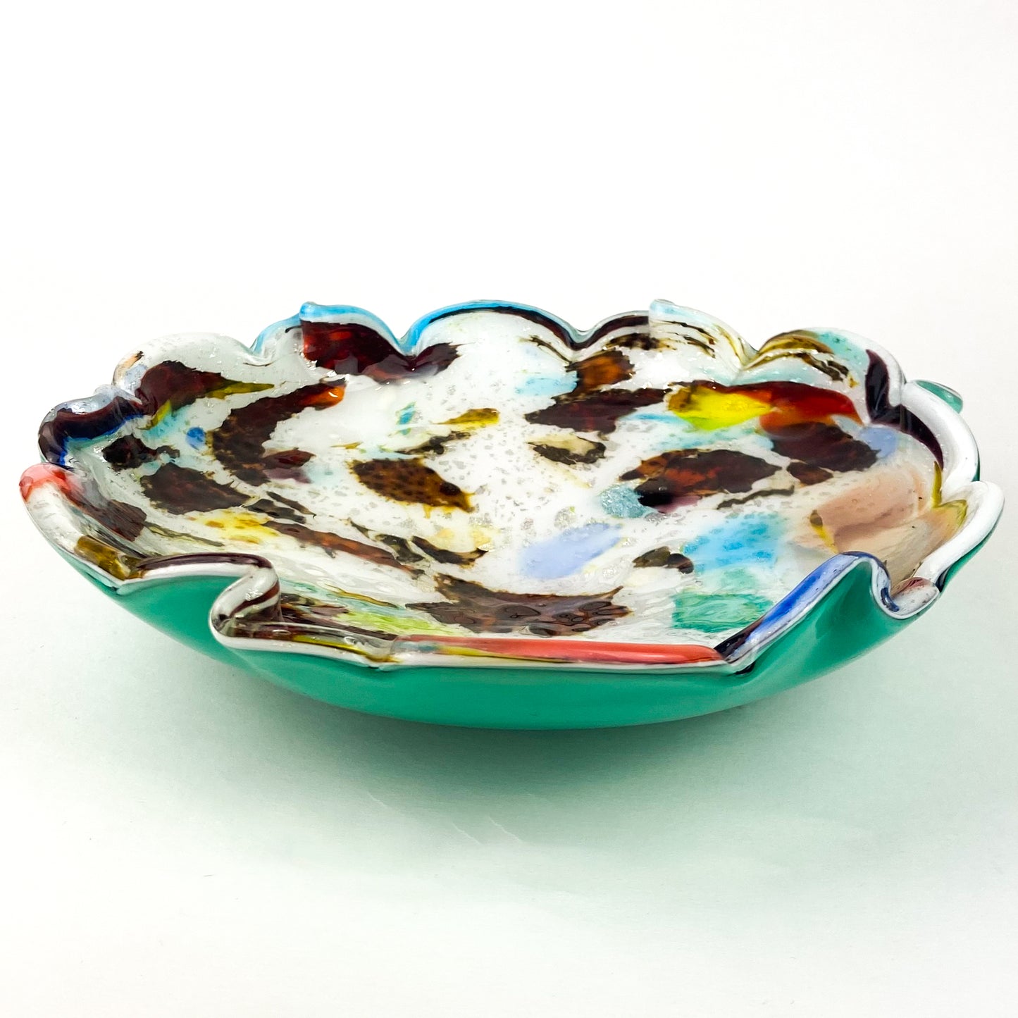 Murano Turquoise Cased Silver Fleck Scalloped Glass Catchall/Ashtray #O1061