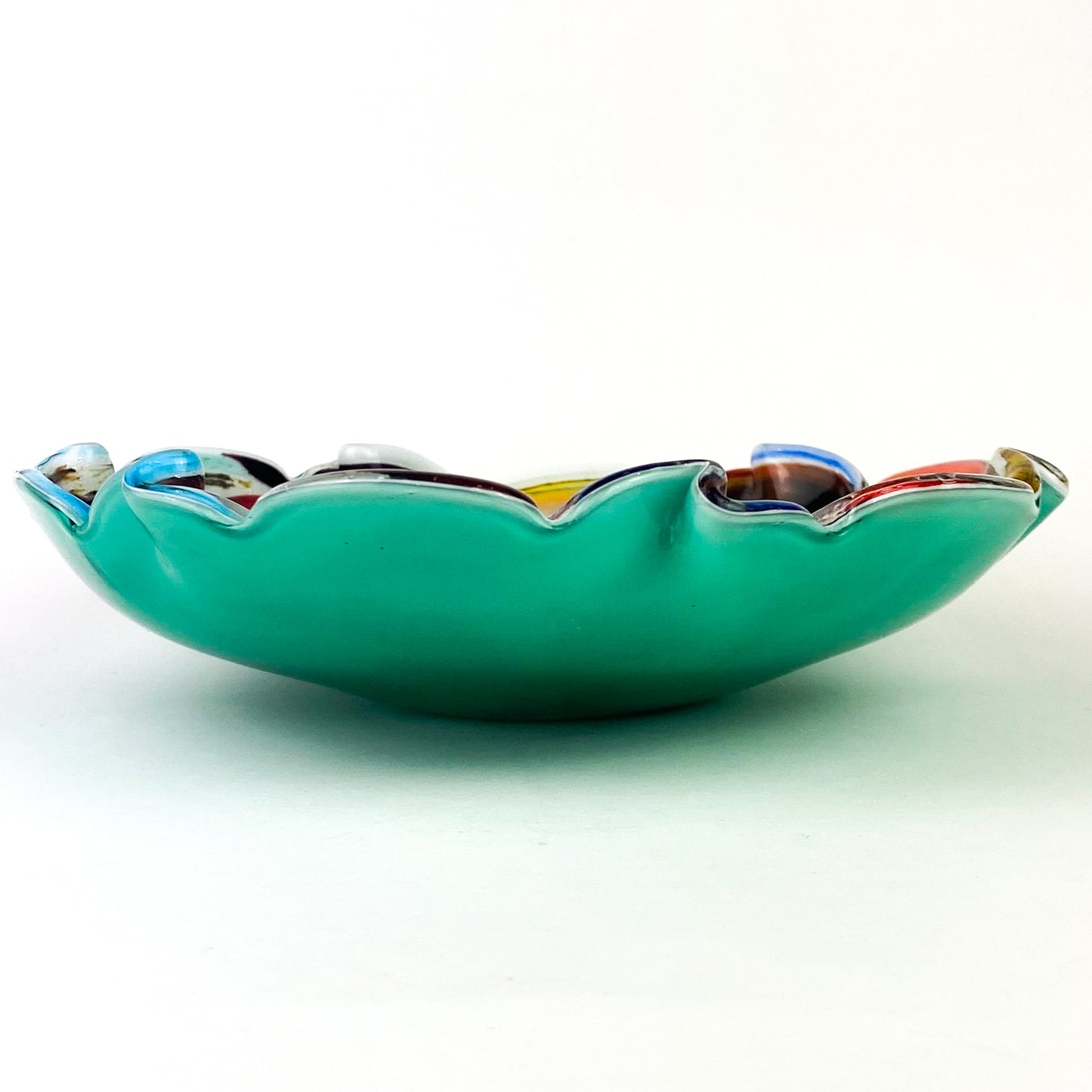 Murano Turquoise Cased Silver Fleck Scalloped Glass Catchall/Ashtray #O1061