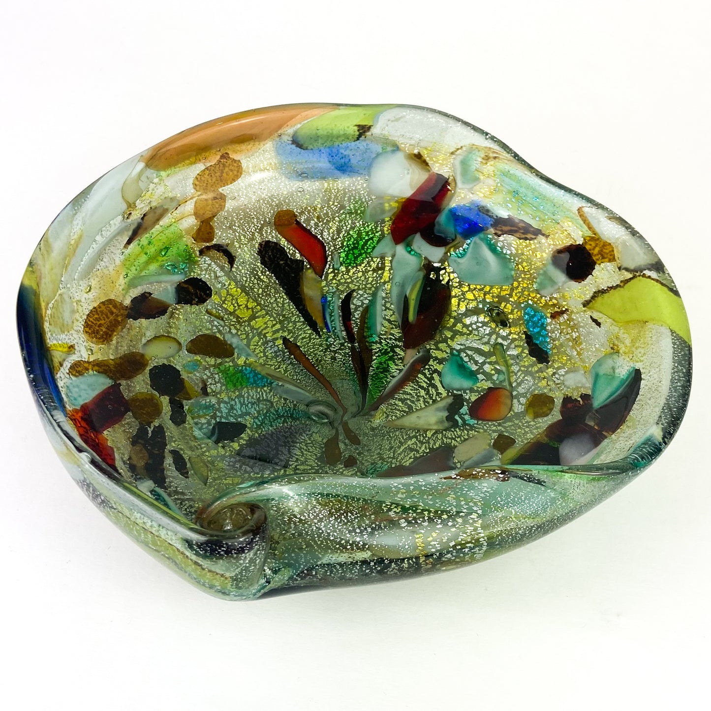 Murano Tutti Frutti + Silver Fleck Spiral Glass Catchall/Ashtray #O1062