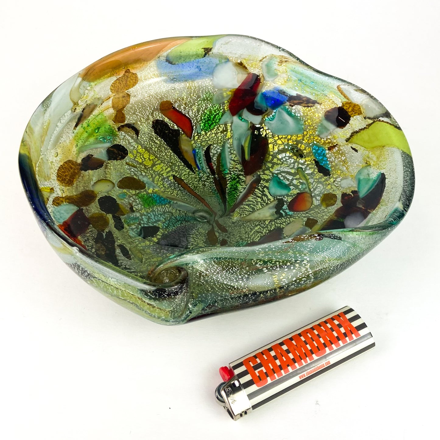 Murano Tutti Frutti + Silver Fleck Spiral Glass Catchall/Ashtray #O1062