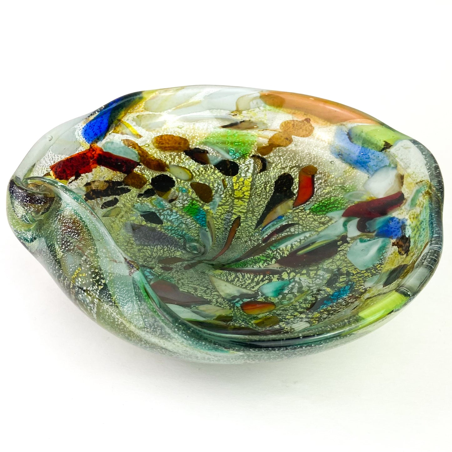 Murano Tutti Frutti + Silver Fleck Spiral Glass Catchall/Ashtray #O1062