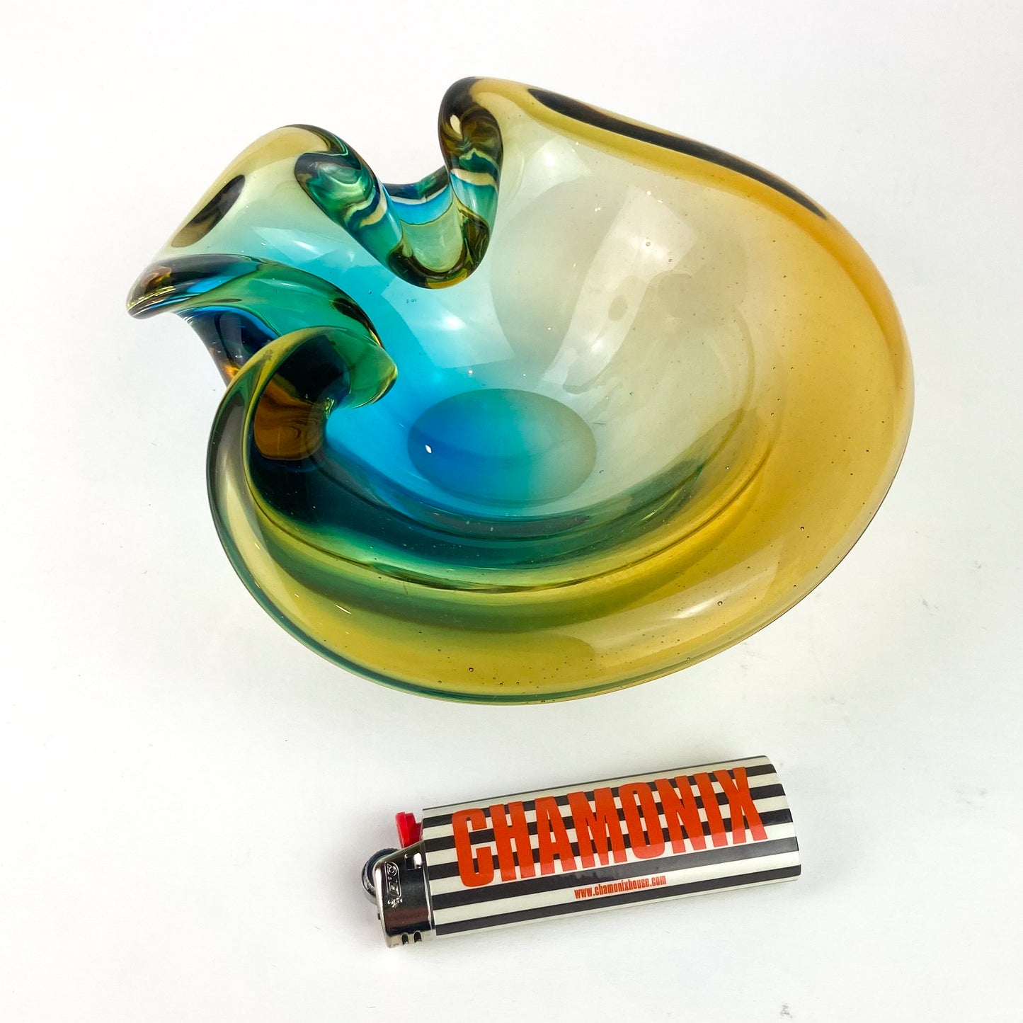 Murano Aqua + Amber Curled Glass Catchall/Ashtray #O1063