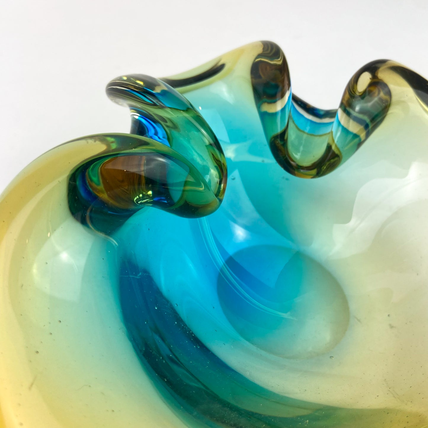 Murano Aqua + Amber Curled Glass Catchall/Ashtray #O1063