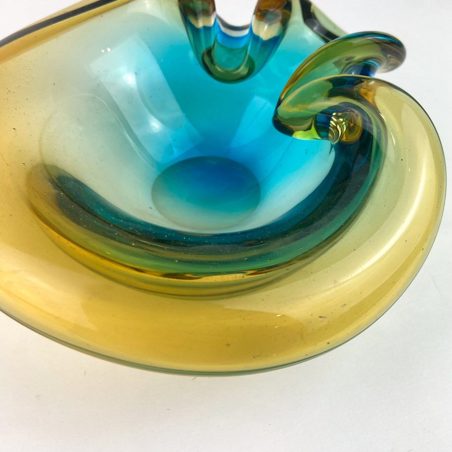 Murano Aqua + Amber Curled Glass Catchall/Ashtray #O1063