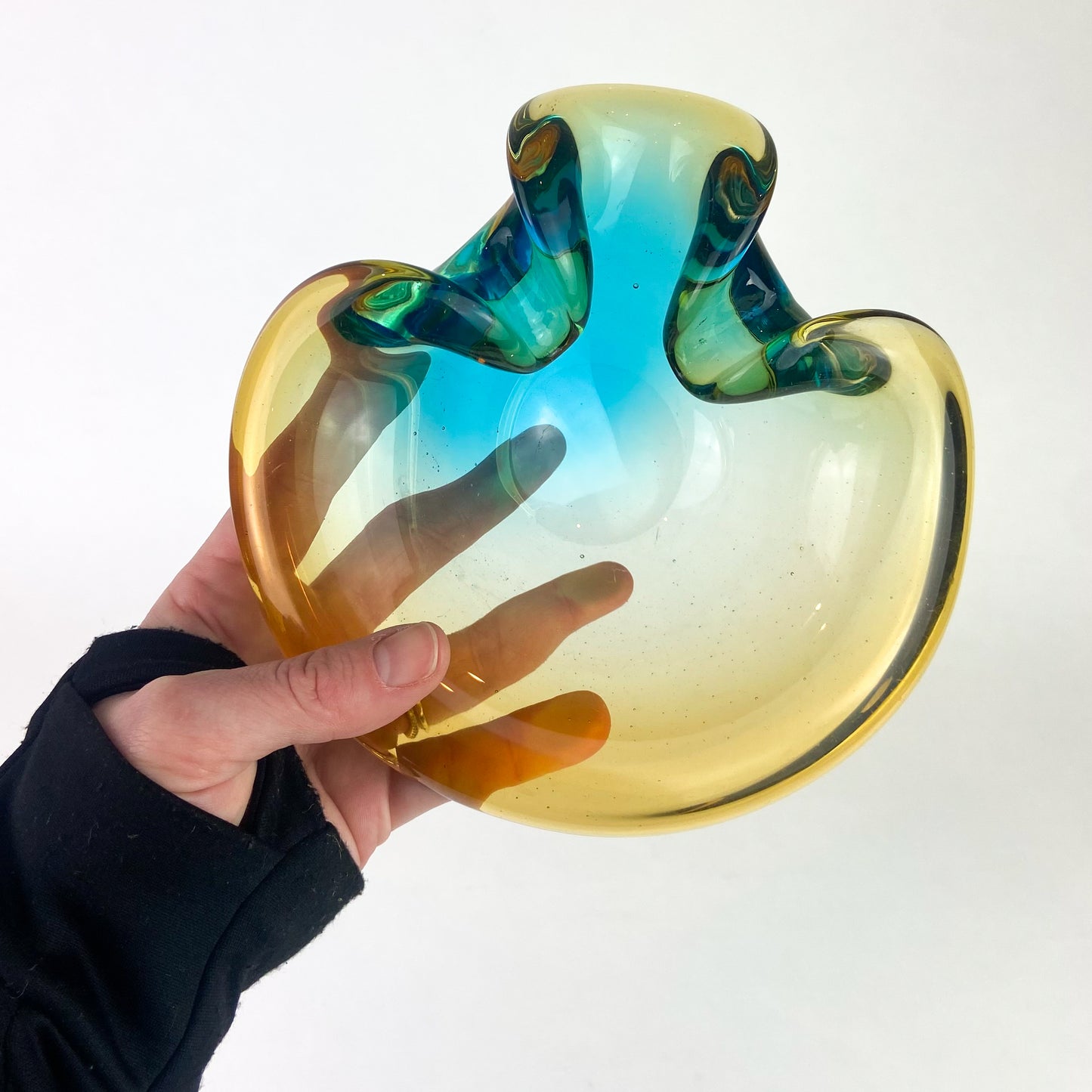 Murano Aqua + Amber Curled Glass Catchall/Ashtray #O1063