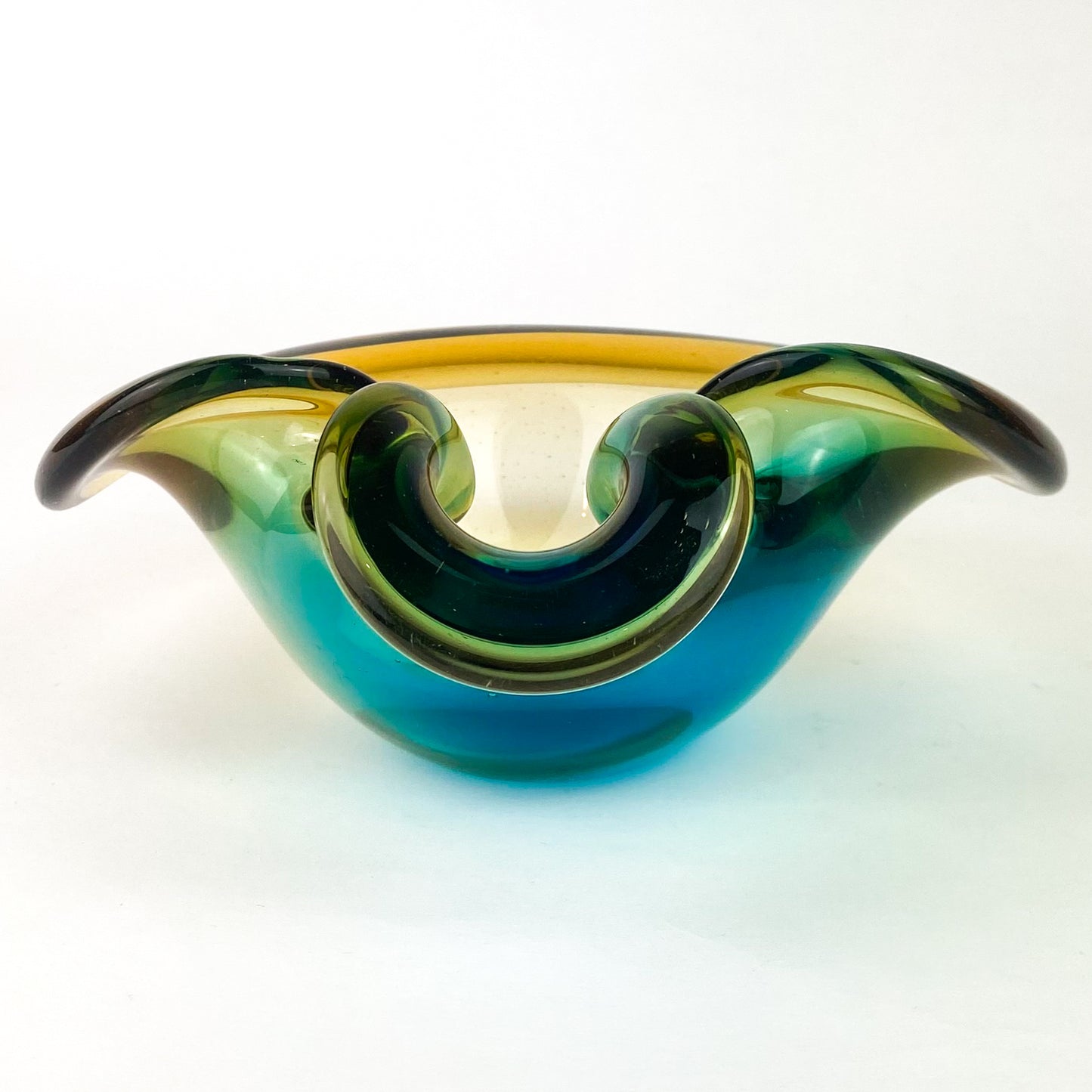 Murano Aqua + Amber Curled Glass Catchall/Ashtray #O1063