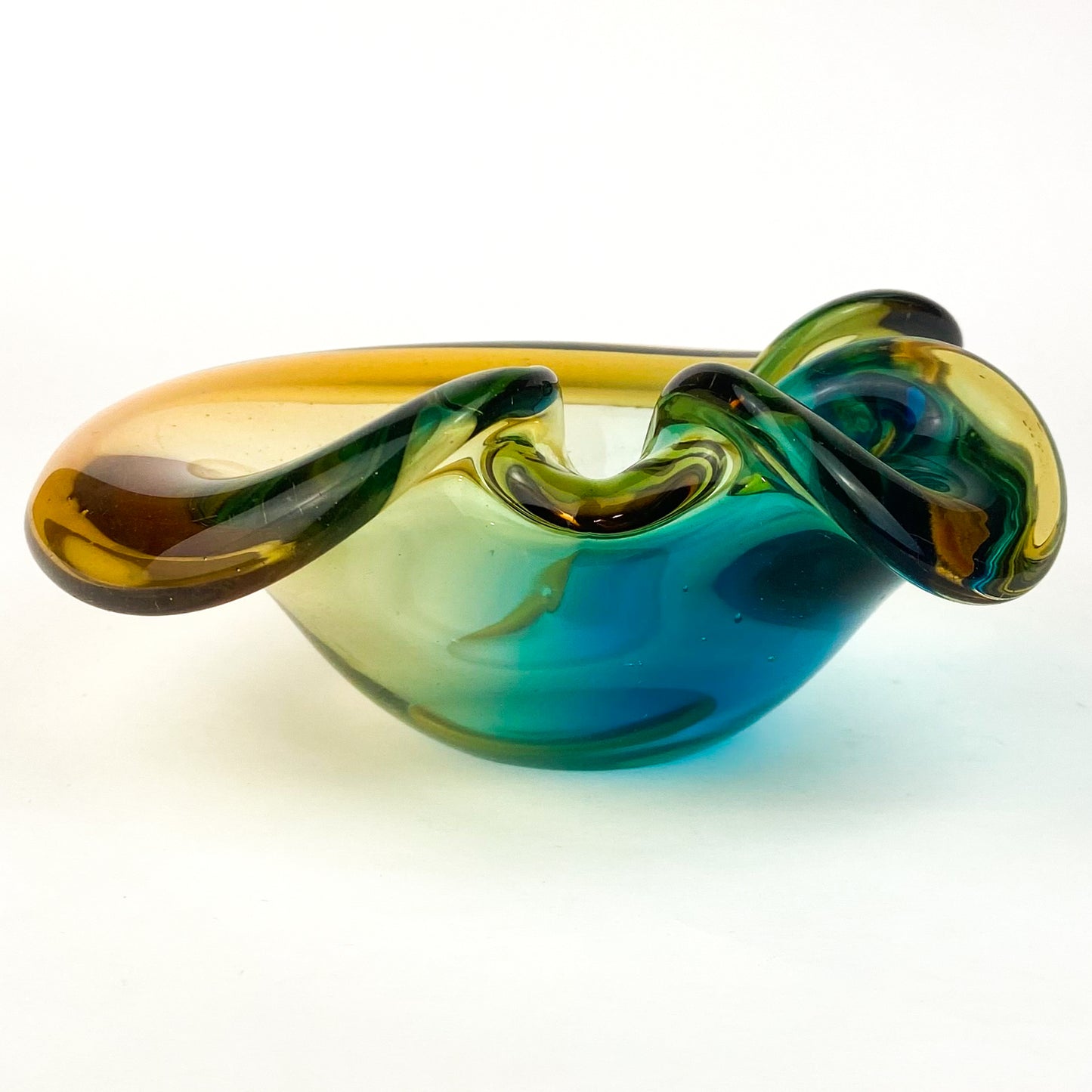 Murano Aqua + Amber Curled Glass Catchall/Ashtray #O1063