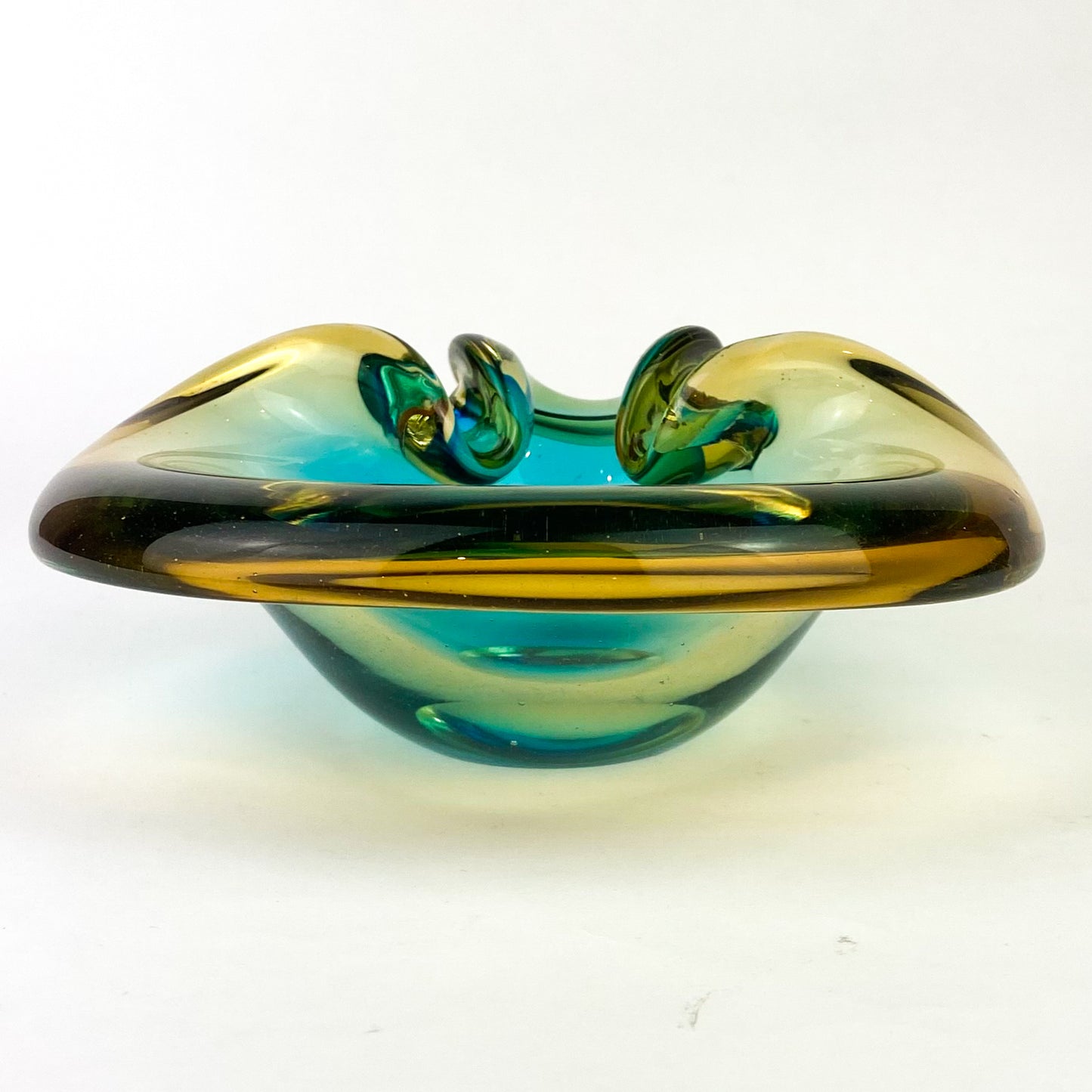 Murano Aqua + Amber Curled Glass Catchall/Ashtray #O1063