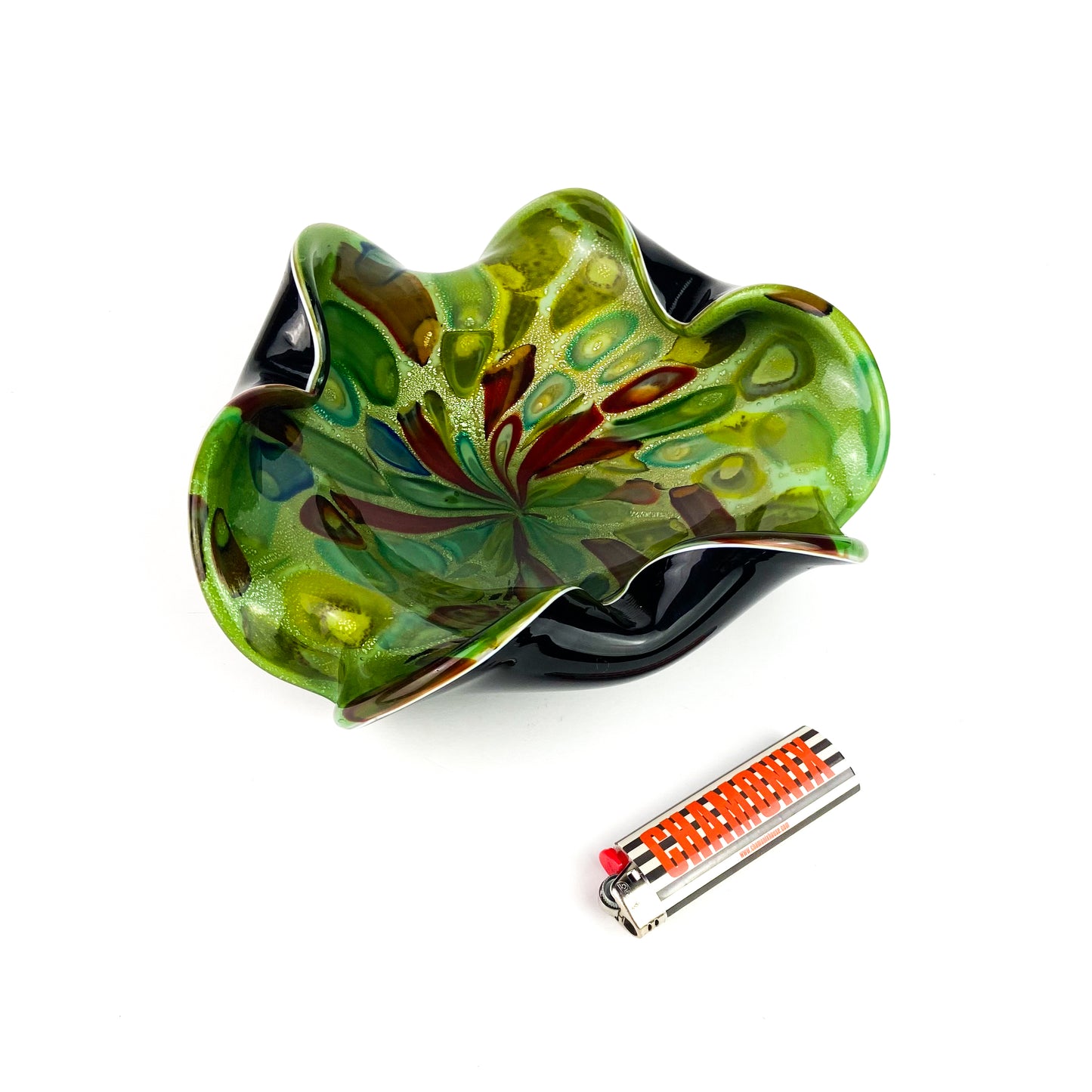 Murano Millefiori + Black Case Freeform Glass Catchall/Ashtray #O1143