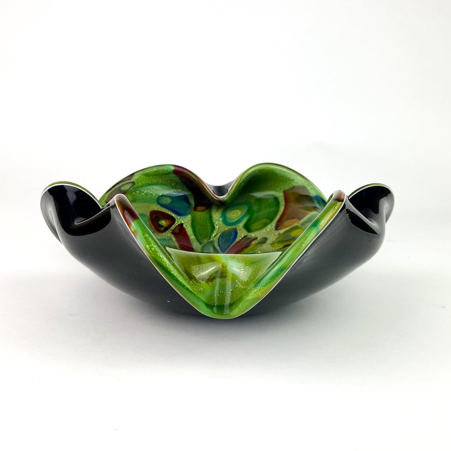 Murano Millefiori + Black Case Freeform Glass Catchall/Ashtray #O1143