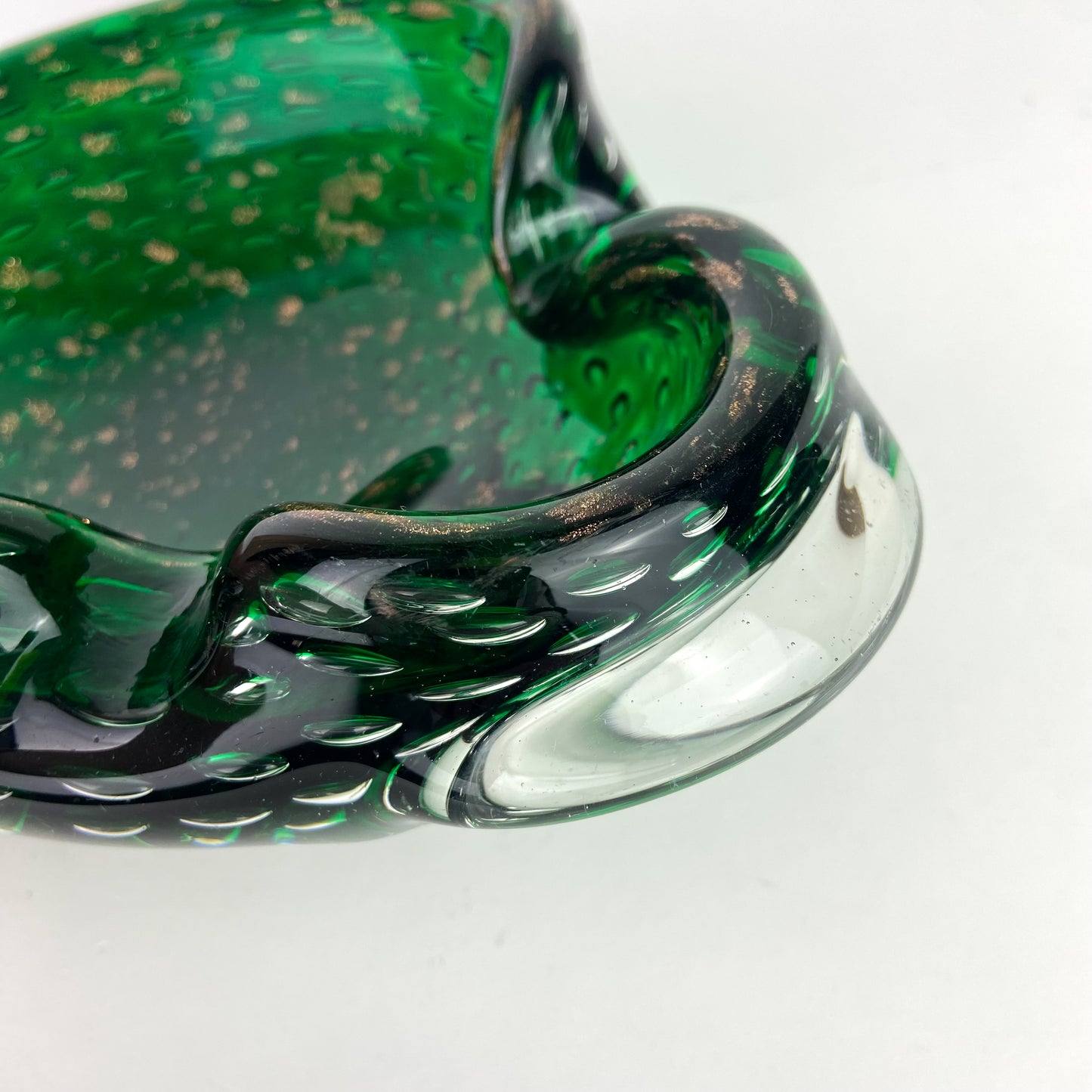 Murano Emerald + Gold Bullicante Glass Catchall/Ashtray #O1145