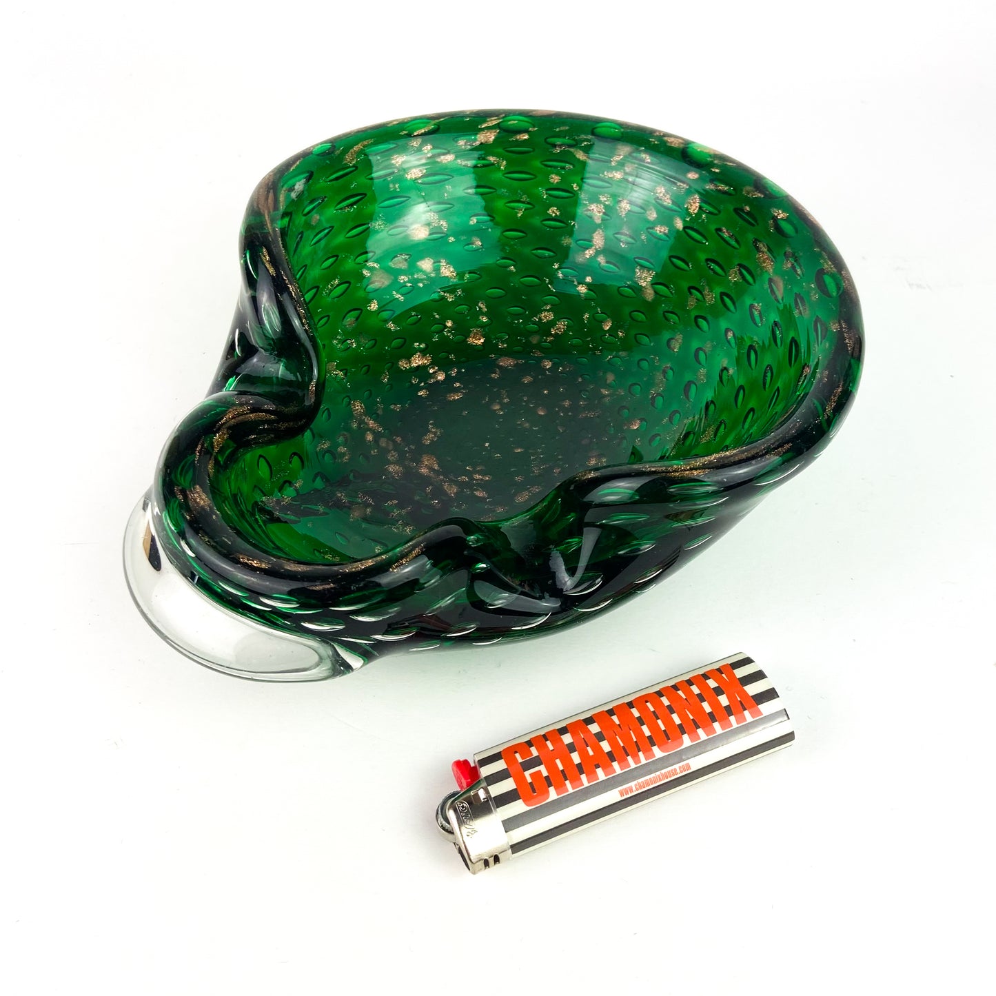 Murano Emerald + Gold Bullicante Glass Catchall/Ashtray #O1145