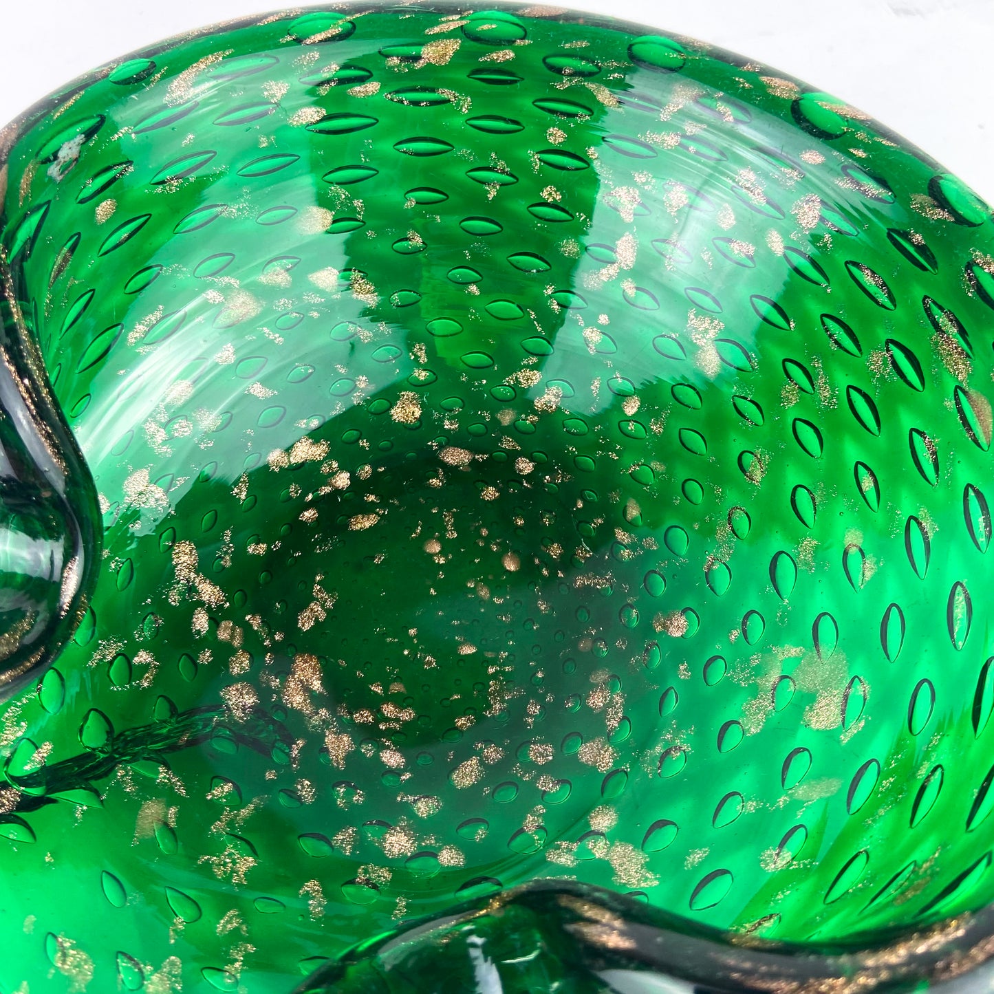 Murano Emerald + Gold Bullicante Glass Catchall/Ashtray #O1145