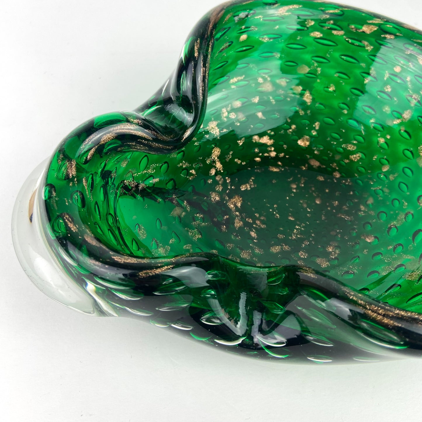 Murano Emerald + Gold Bullicante Glass Catchall/Ashtray #O1145