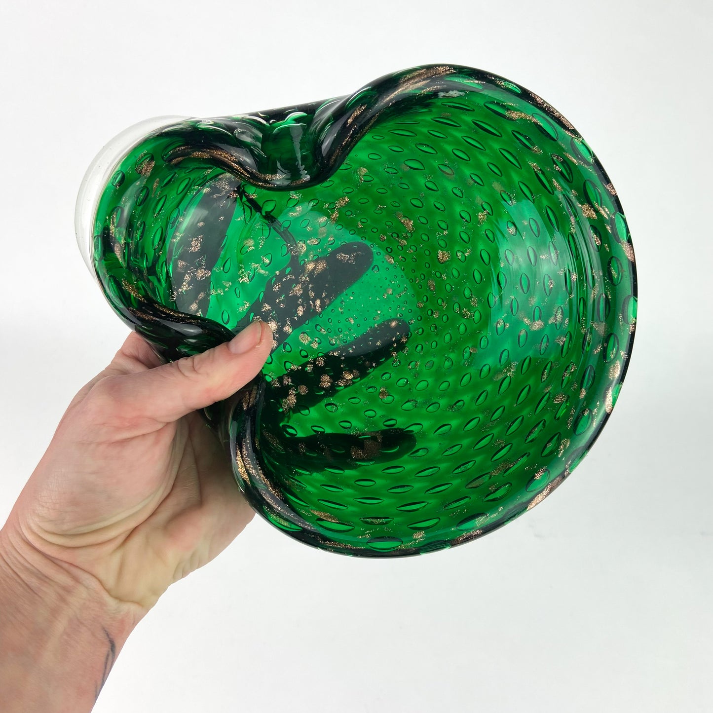 Murano Emerald + Gold Bullicante Glass Catchall/Ashtray #O1145