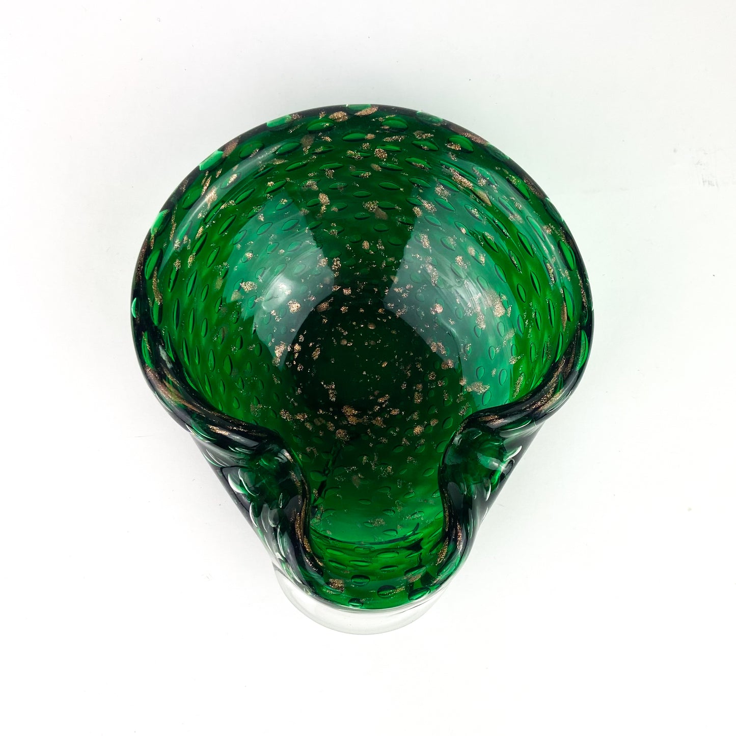 Murano Emerald + Gold Bullicante Glass Catchall/Ashtray #O1145