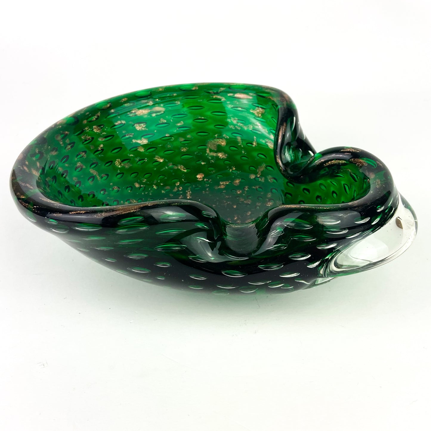 Murano Emerald + Gold Bullicante Glass Catchall/Ashtray #O1145