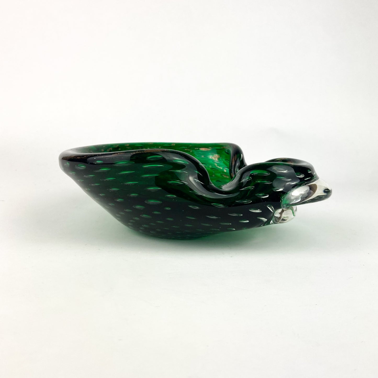 Murano Emerald + Gold Bullicante Glass Catchall/Ashtray #O1145