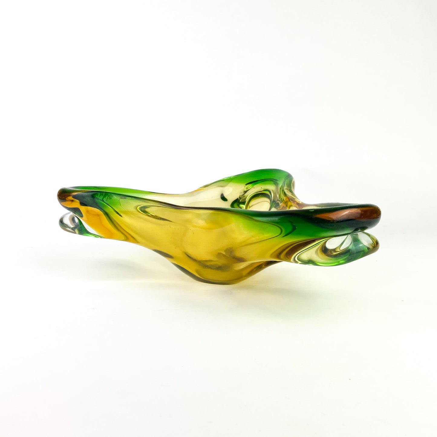 Murano Emerald + Amber Floriform Glass Catchall/Ashtray #O1151