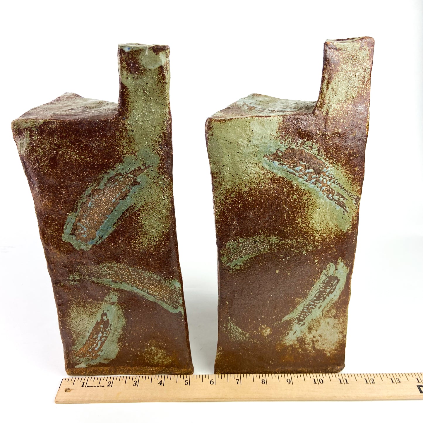 Pair of Triangular Studio Art Raku Pottery Vessels #O1173