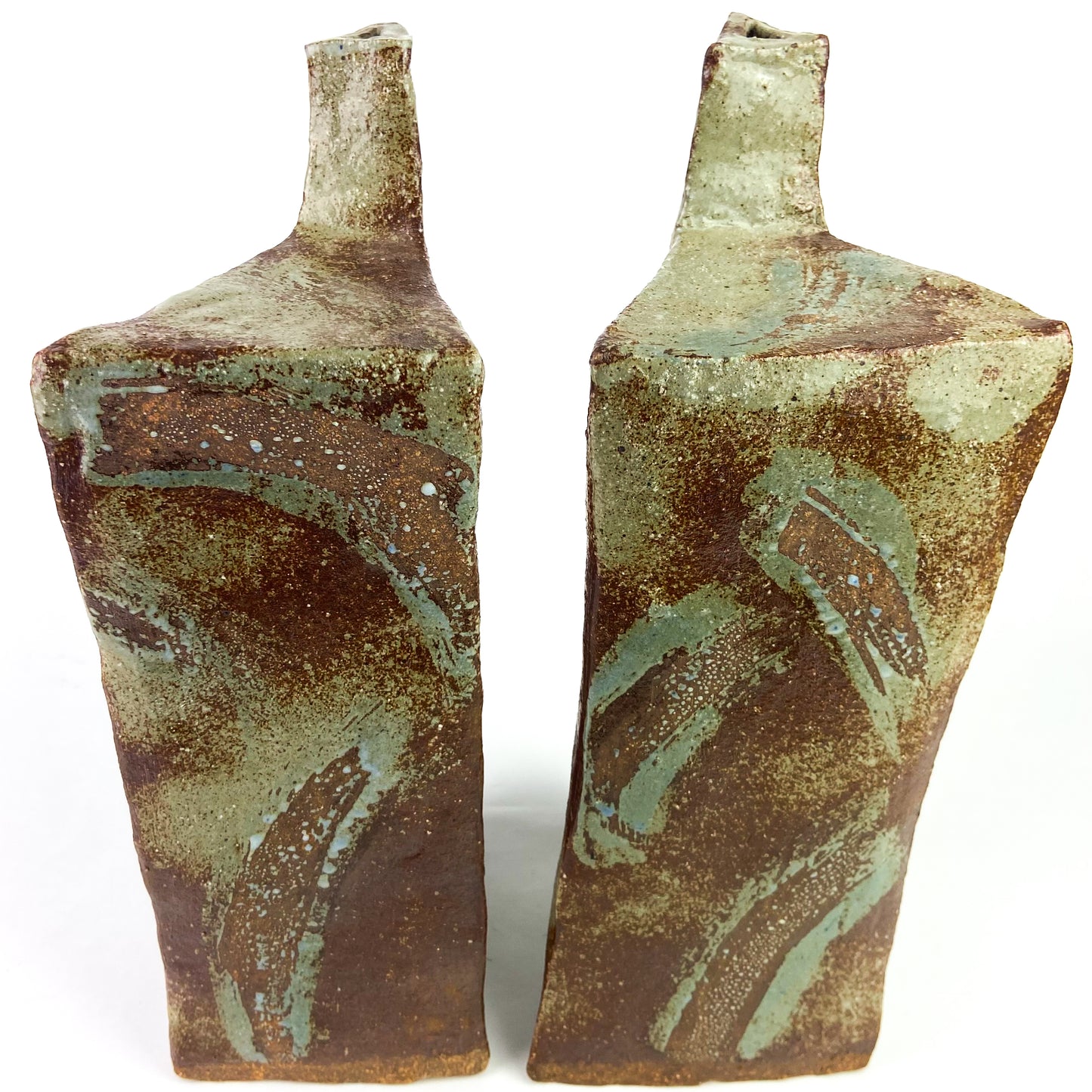 Pair of Triangular Studio Art Raku Pottery Vessels #O1173