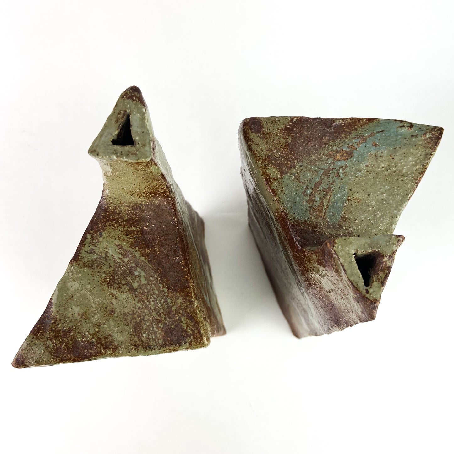 Pair of Triangular Studio Art Raku Pottery Vessels #O1173