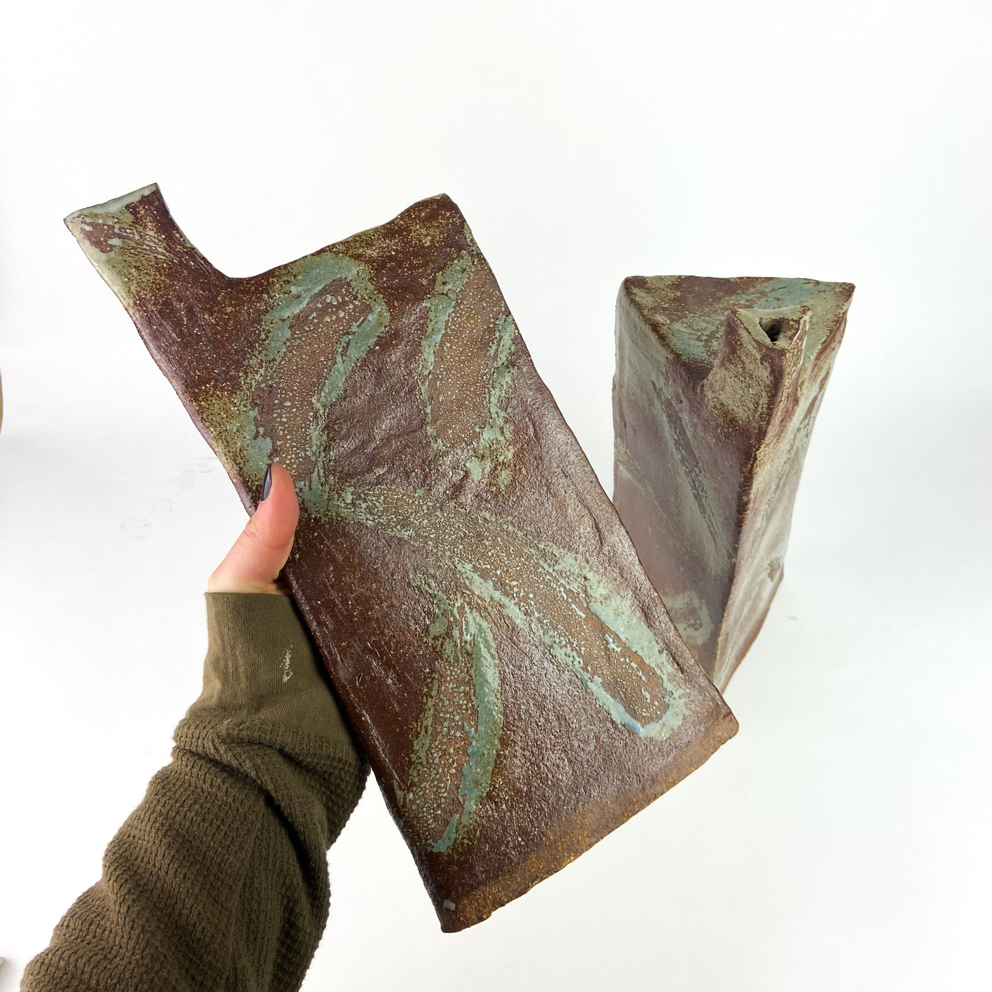 Pair of Triangular Studio Art Raku Pottery Vessels #O1173